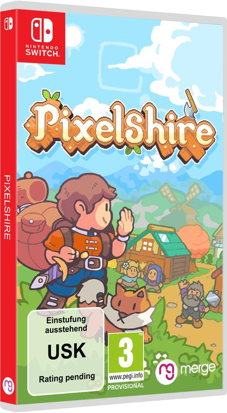 Game box art voor Pixelshire op Nintendo Switch, met een cartoon dorpsscène met personages en het logo van de game.
