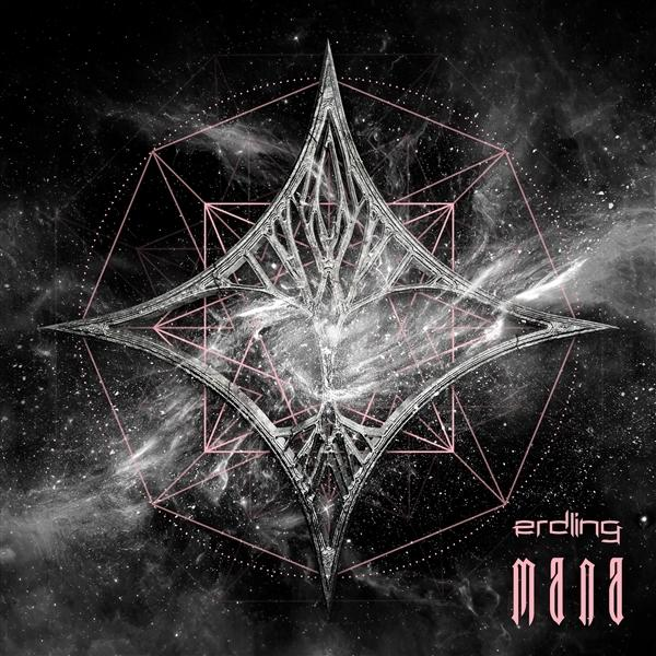 Ein metallisches sternförmiges Design mit rosa geometrischen Umrissen vor einem Sternenhintergrund. Text: 'erdling mana'.