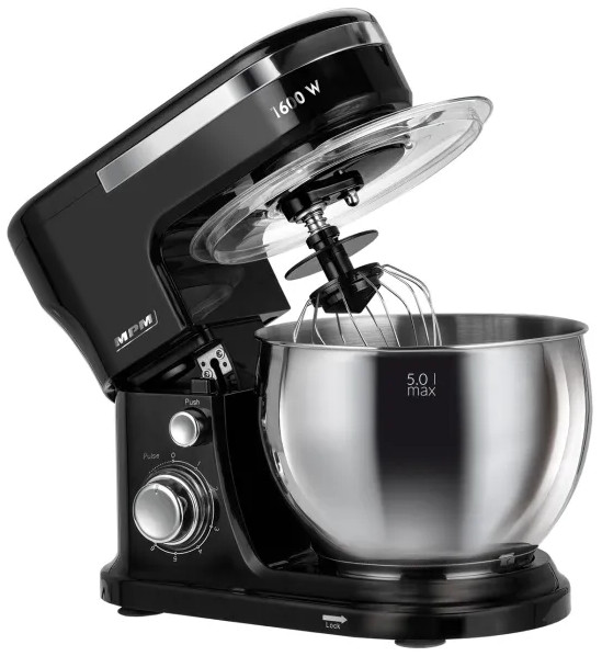 Czarny mikser stojący ze stalową misą. Mikser jest otwarty, pokazując nasadkę do ubijania. Ma pojemność max. 5,0 l.