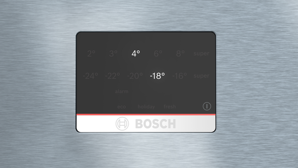 Sıcaklık ayarları olan bir buzdolabı kontrol paneli. Santigrat derece cinsinden sıcaklıkları gösterir ve bir Bosch logosu içerir.