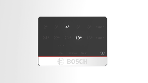 Dijital bir ekran sıcaklık ayarlarını gösteriyor. Rakamlar ve kelimeler var, altta bir Bosch logosu var.