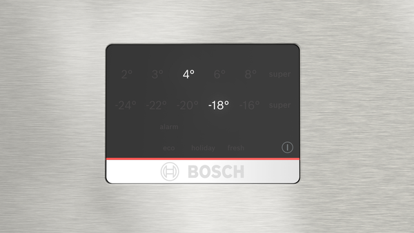 Sıcaklık ayarları olan buzdolabı kontrol paneli. 'Alarm', 'eko' gibi sayılar ve kelimeler ve 'Bosch' logosu gösterir.