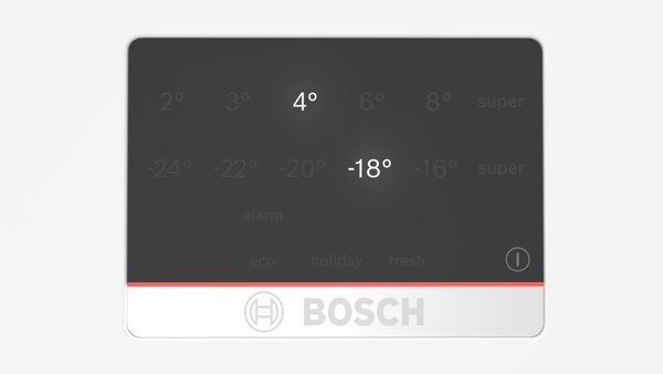 Dijital bir ekran sıcaklıkları gösteriyor: 4°C ve -18°C vurgulanmış. Diğer seçenekler arasında eko, tatil ve taze yer alıyor. Bosch logosu görülüyor.