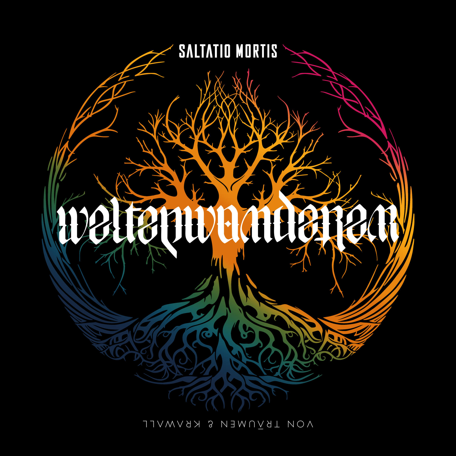 Schwarzer Hintergrund mit farbenfroher Baumgrafik. Der Baum hat Wurzeln und Äste. Text sagt Saltatio Mortis.