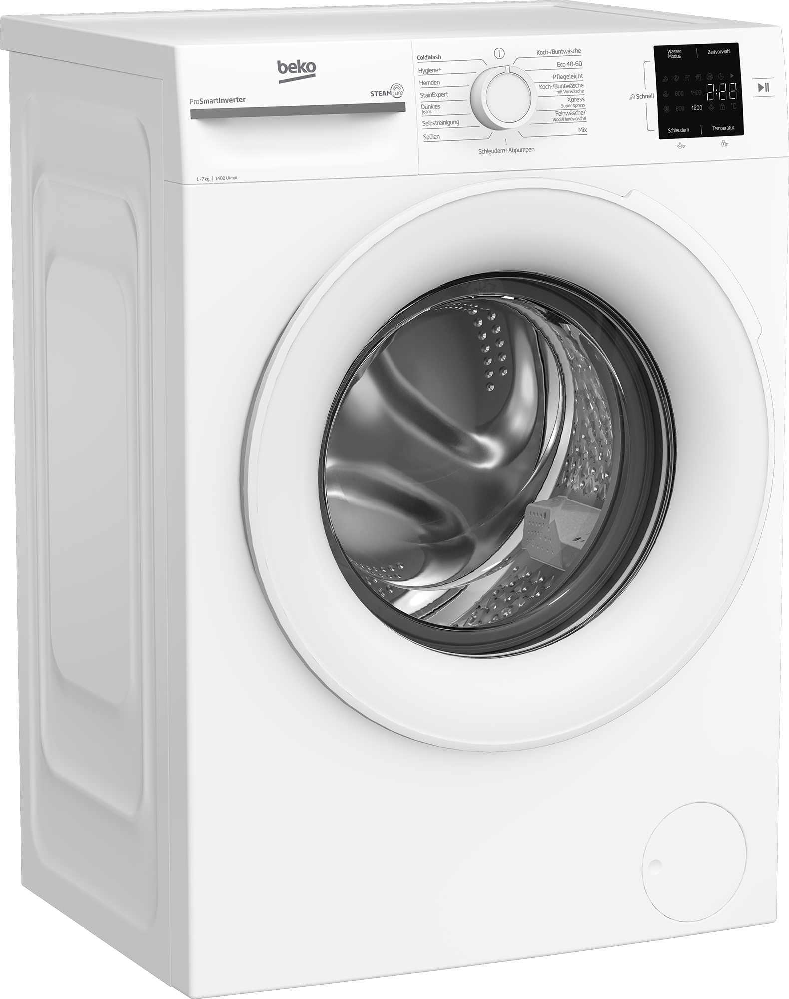 Eine weiße Beko-Waschmaschine. Sie hat eine runde Tür und ein Bedienfeld mit verschiedenen Waschoptionen und Digitalanzeige.