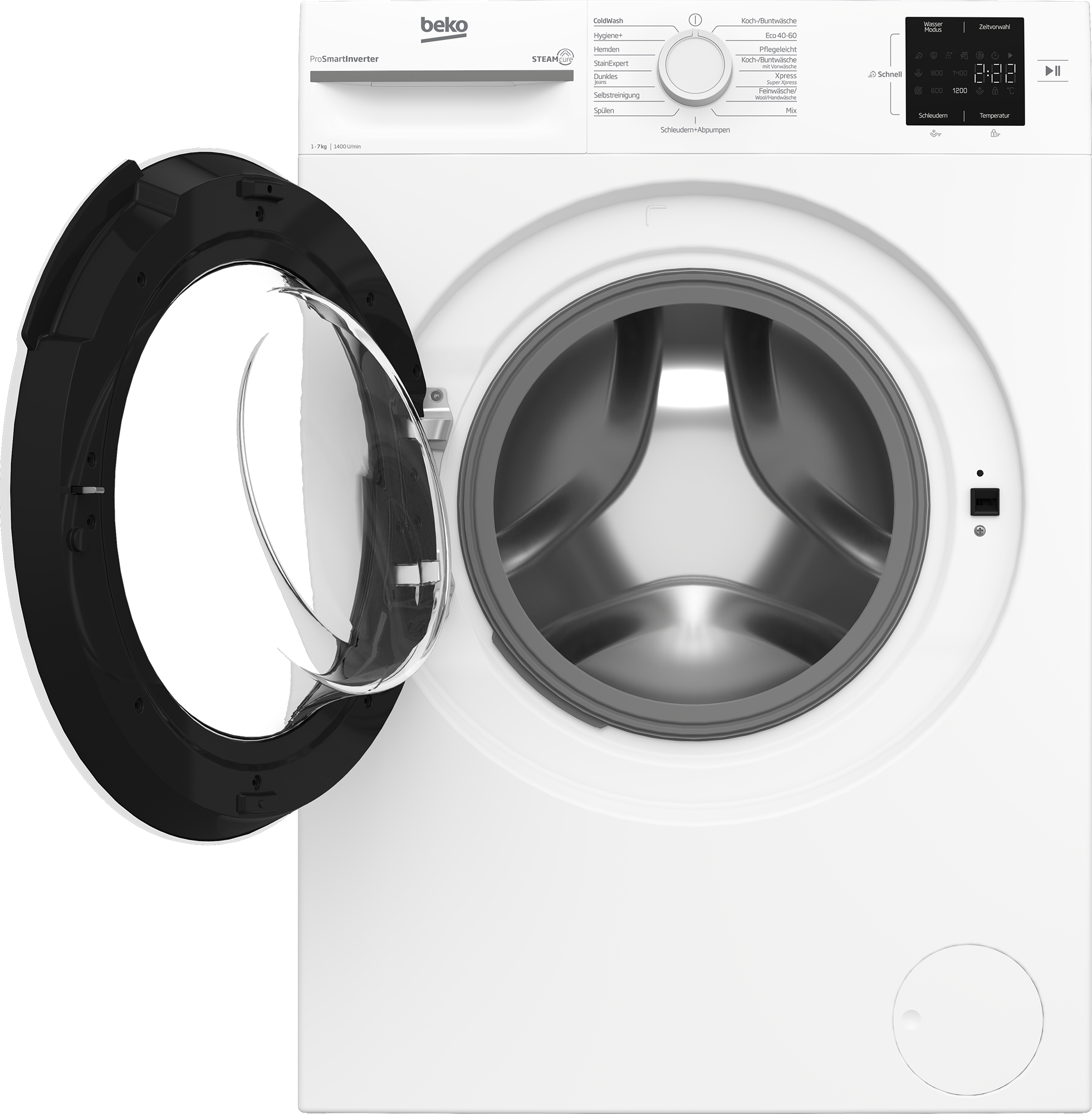 Eine weiße Beko-Waschmaschine mit offener schwarzer Tür. Bedienelemente und Display sind sichtbar.
