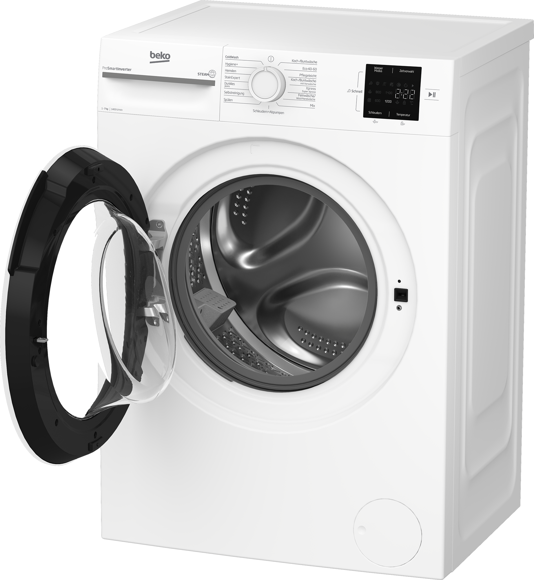 Eine weiße Beko-Waschmaschine mit offener Tür. Sie hat ein digitales Display und ein Bedienfeld. Die Tür ist schwarz.