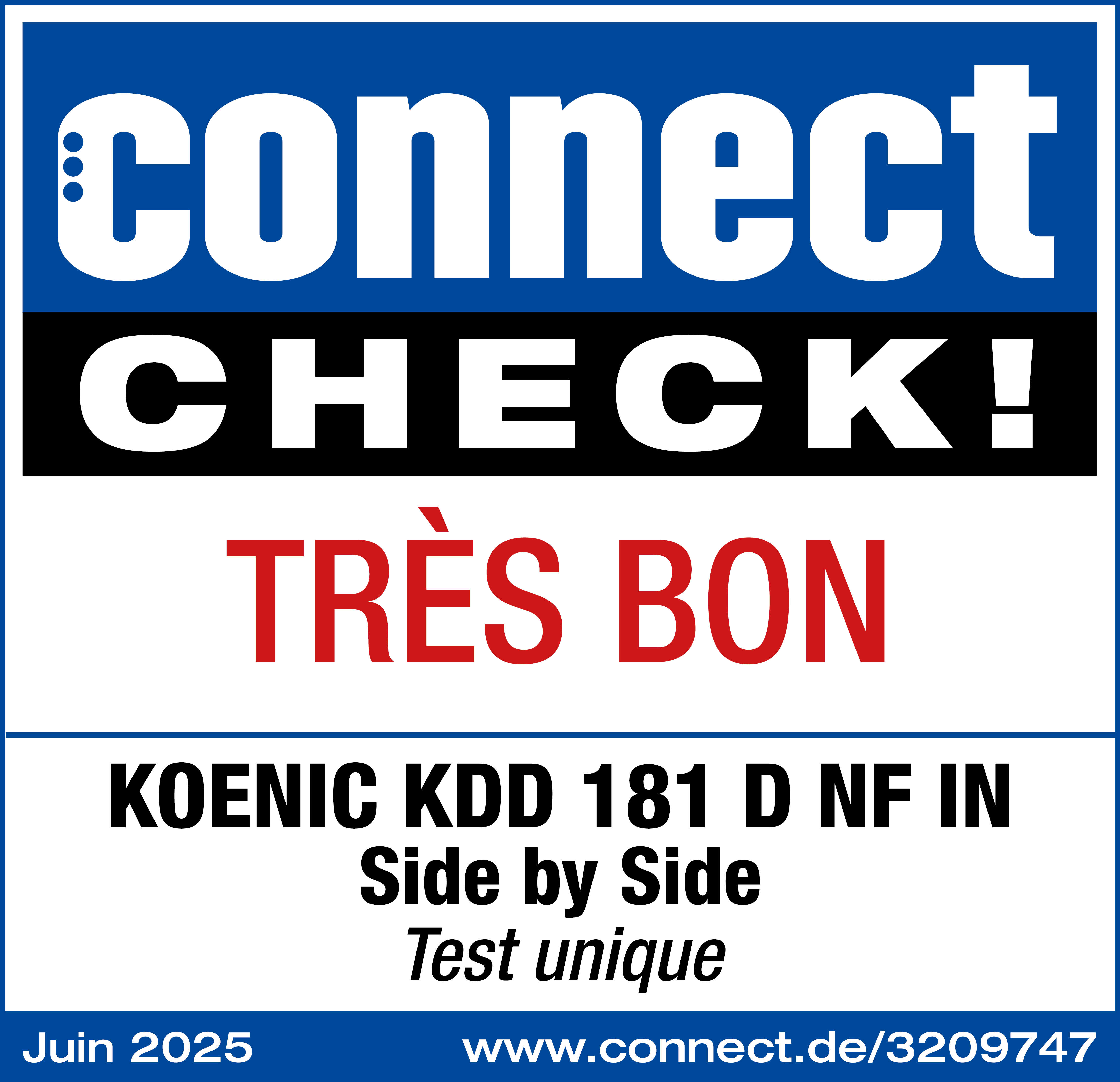Ein blau-weißes Schild mit Text: connect CHECK! TRÈS BON. Details eines Produkts sind aufgeführt und eine Website.
