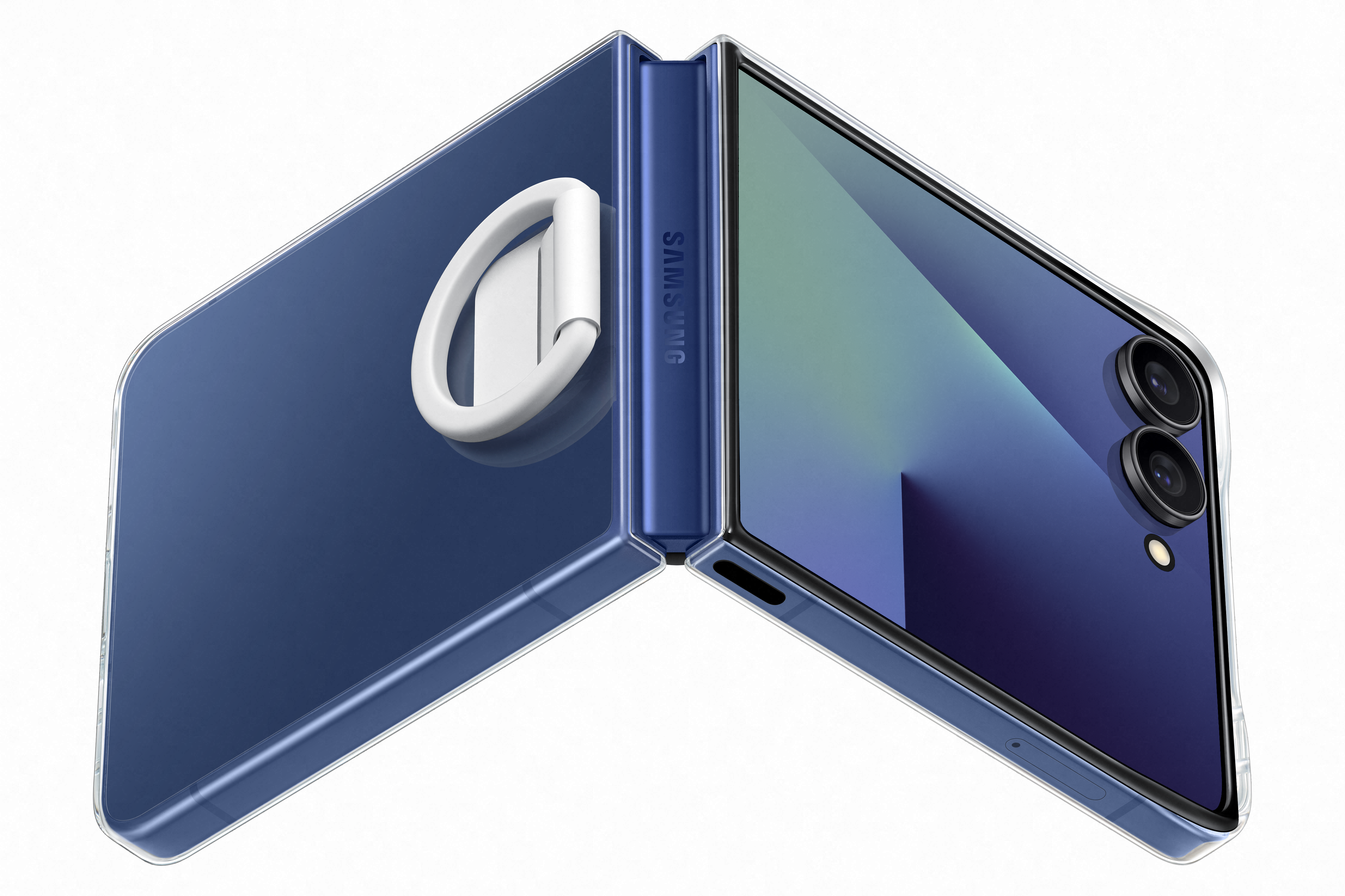 Blaues faltbares Telefon mit weißem Ringgriff. Samsung-Logo auf dem Scharnier. Transparente Schutzhülle. Duale Kameras.