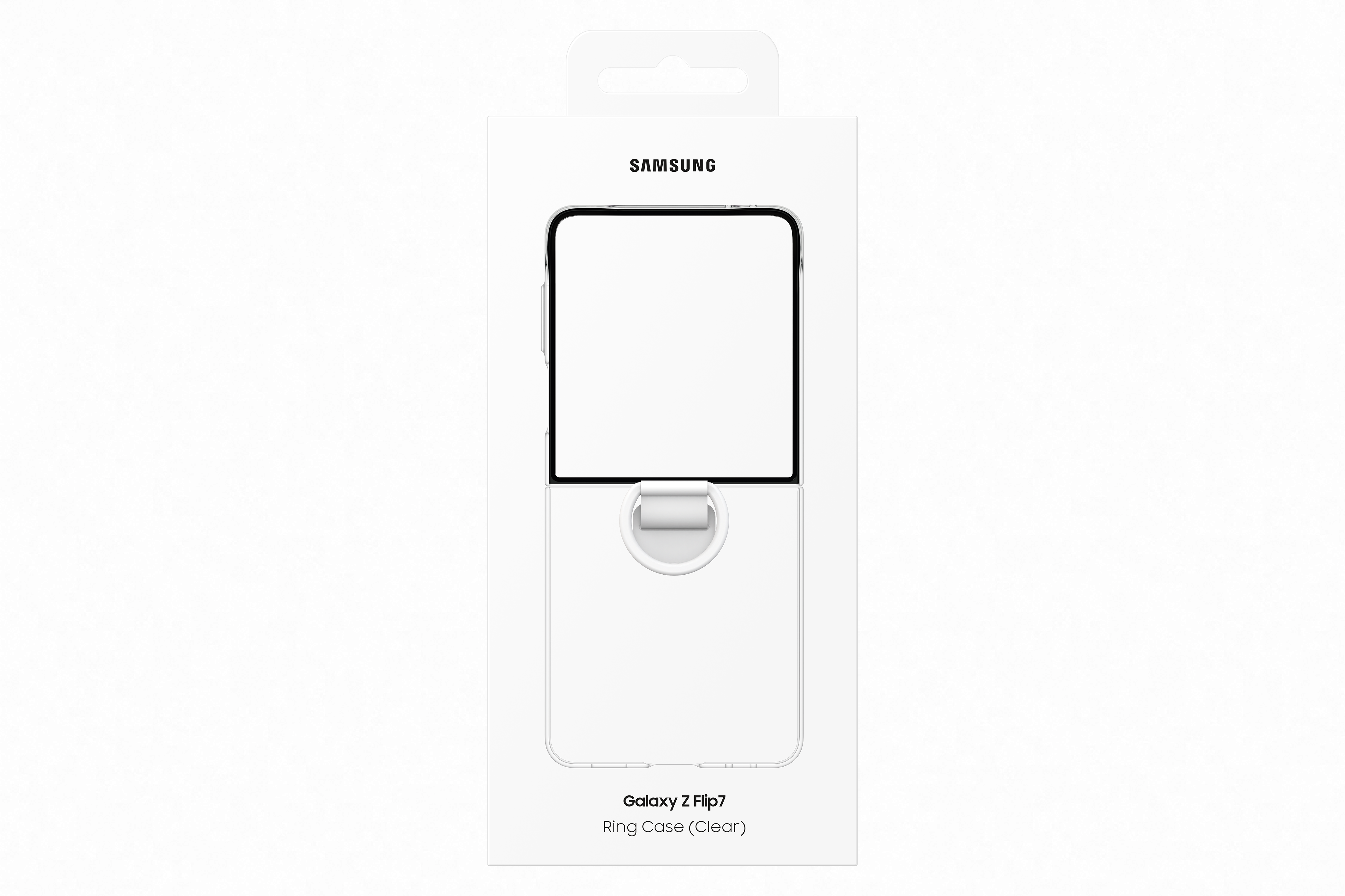 Eine weiße Samsung-Box mit einer transparenten Galaxy Z Flip7-Hülle. Die Hülle hat einen Ringhalter und ist in der Verpackung ausgestellt.