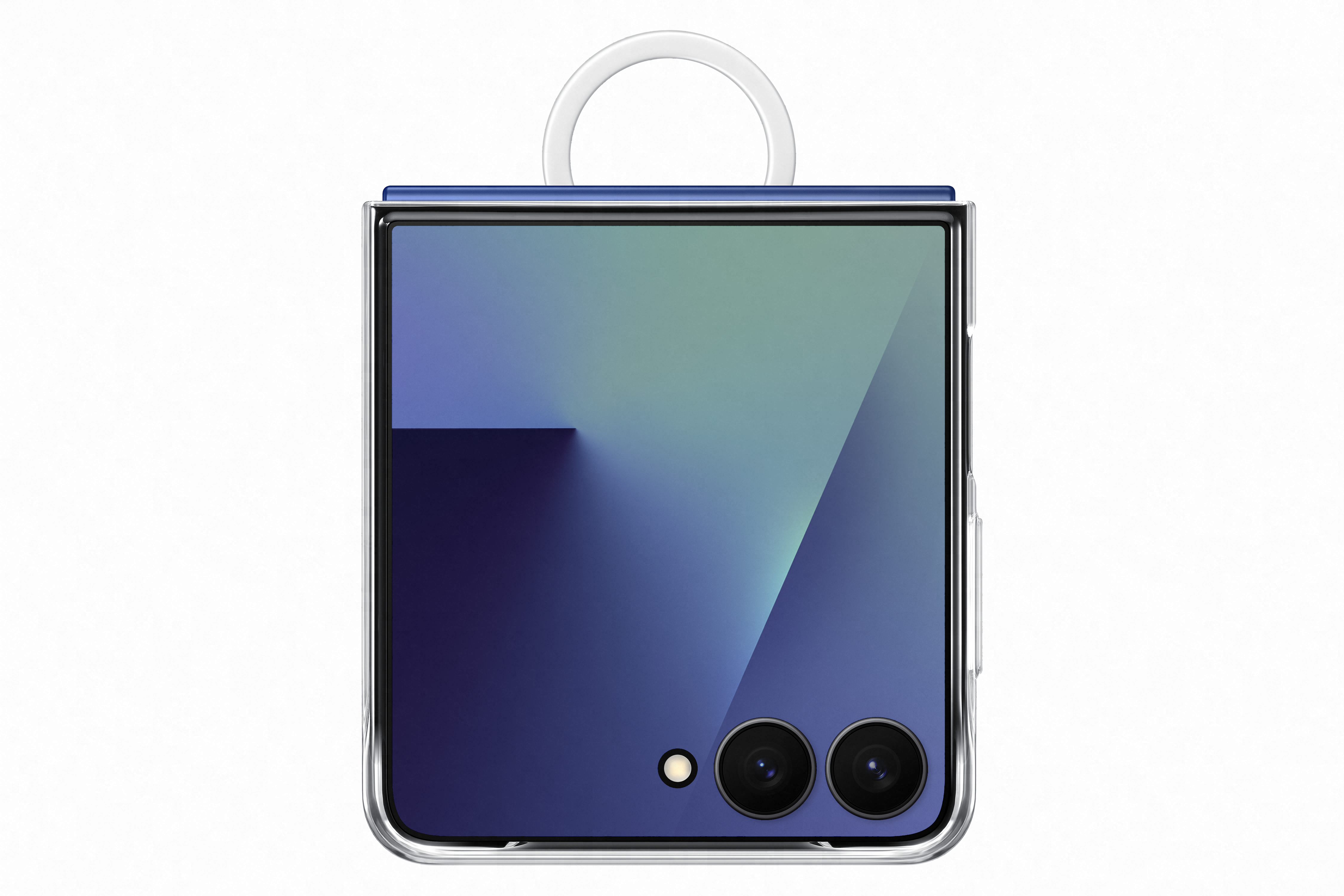 Ein geschlossenes, blau-silbernes Smartphone mit Griff. Es hat zwei Kameras und einen Blitz. Der Hintergrund ist weiß.