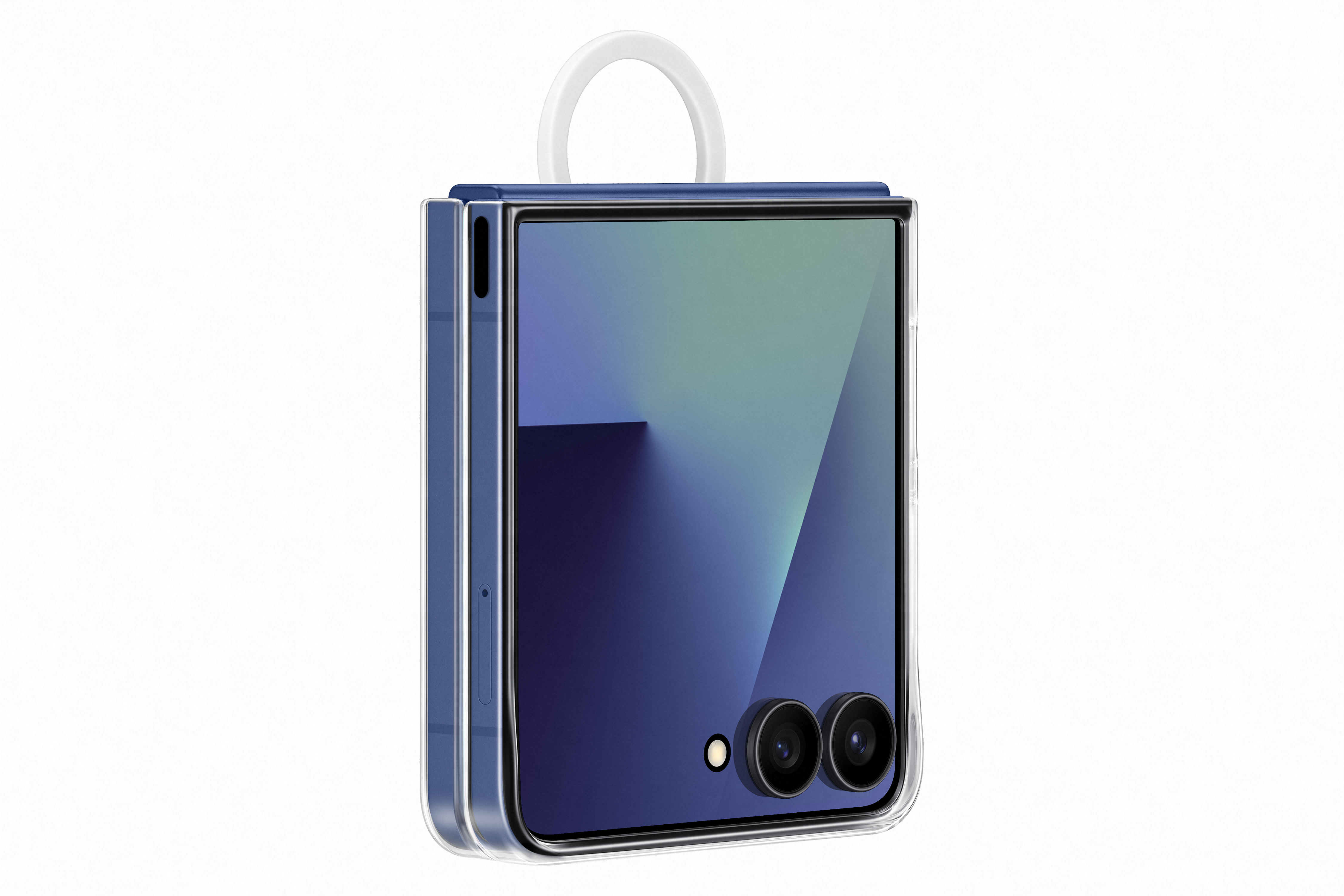 Faltbares blaues Telefon mit klarer Hülle, weißem Griff und Dual-Kamera. Bildschirm zeigt einen Farbverlaufshintergrund. Weißer Hintergrund.
