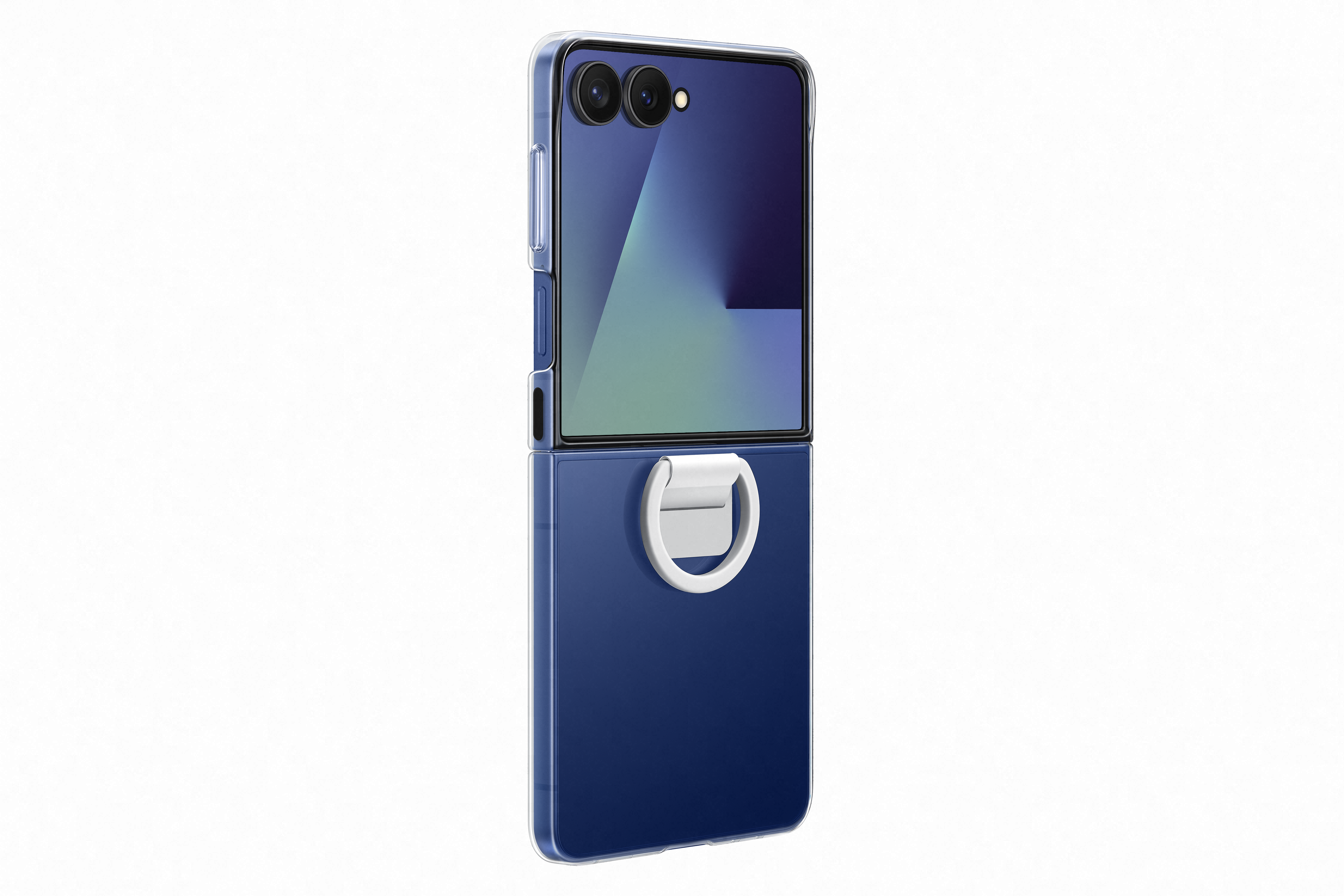 Faltbares blaues Smartphone mit transparentem Gehäuse. Weißer Ringhalter. Dualkamera. Weißer Hintergrund.