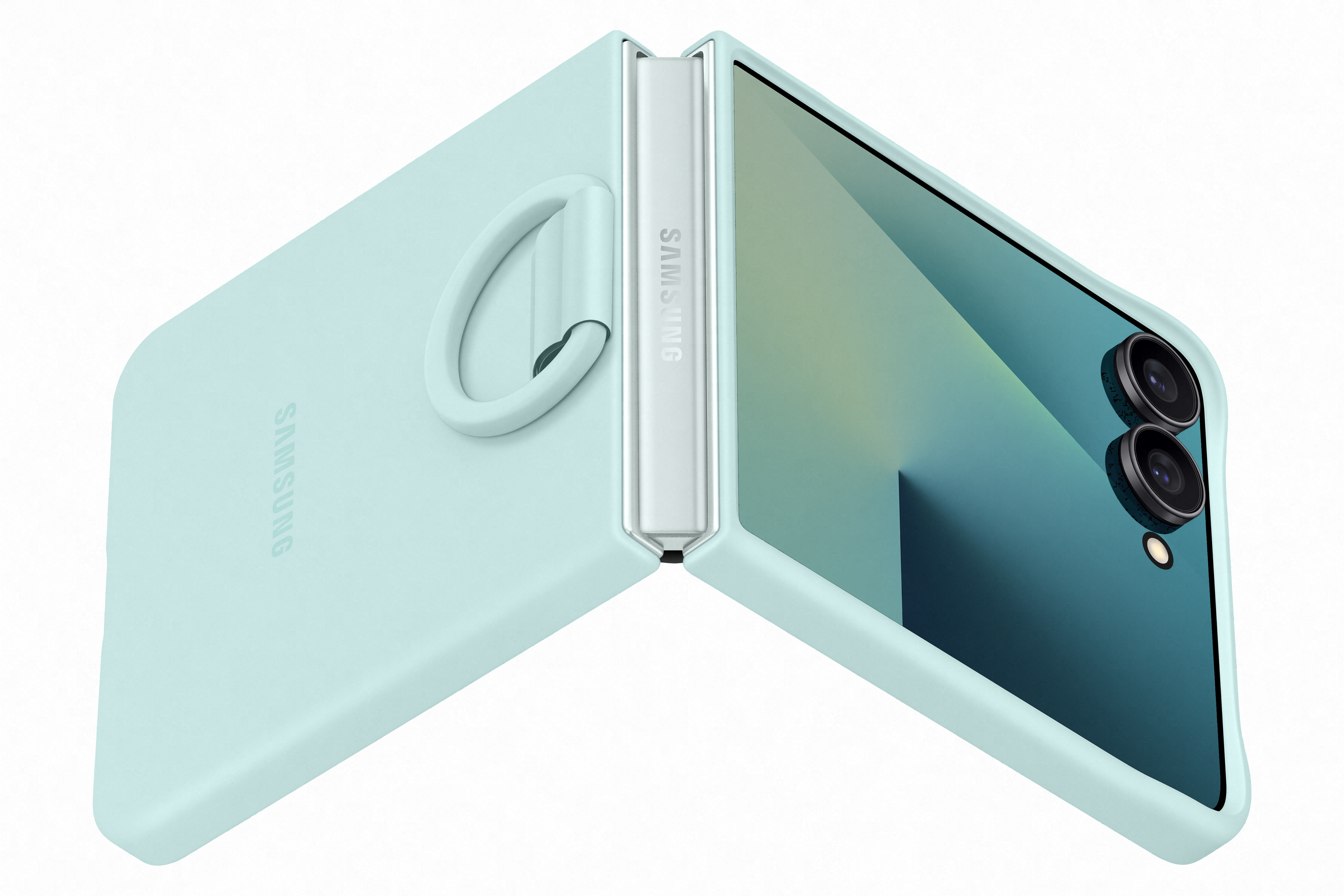 Ein hellblaues Samsung-Klapphandy ist halb geöffnet und zeigt seinen Bildschirm und seine Kameras. Die Hülle hat einen Ring.