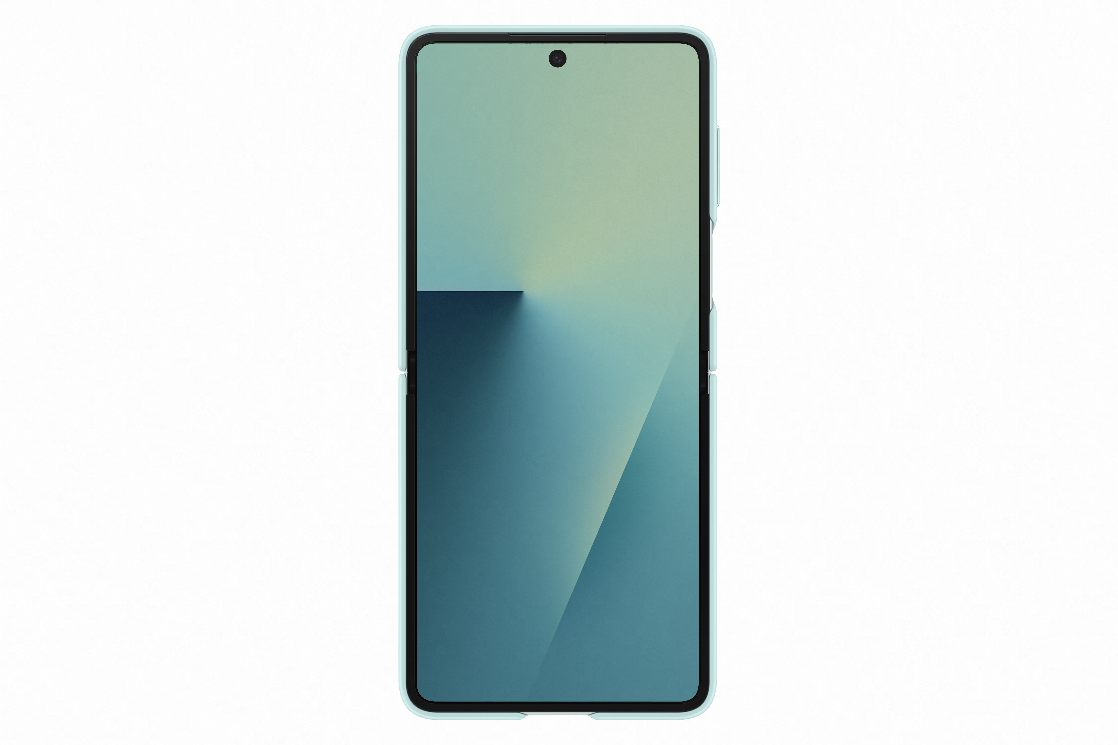 Ein Smartphone mit hellblauem Gehäuse. Der Bildschirm zeigt einen Farbverlauf aus Hellgrün und Blau.
