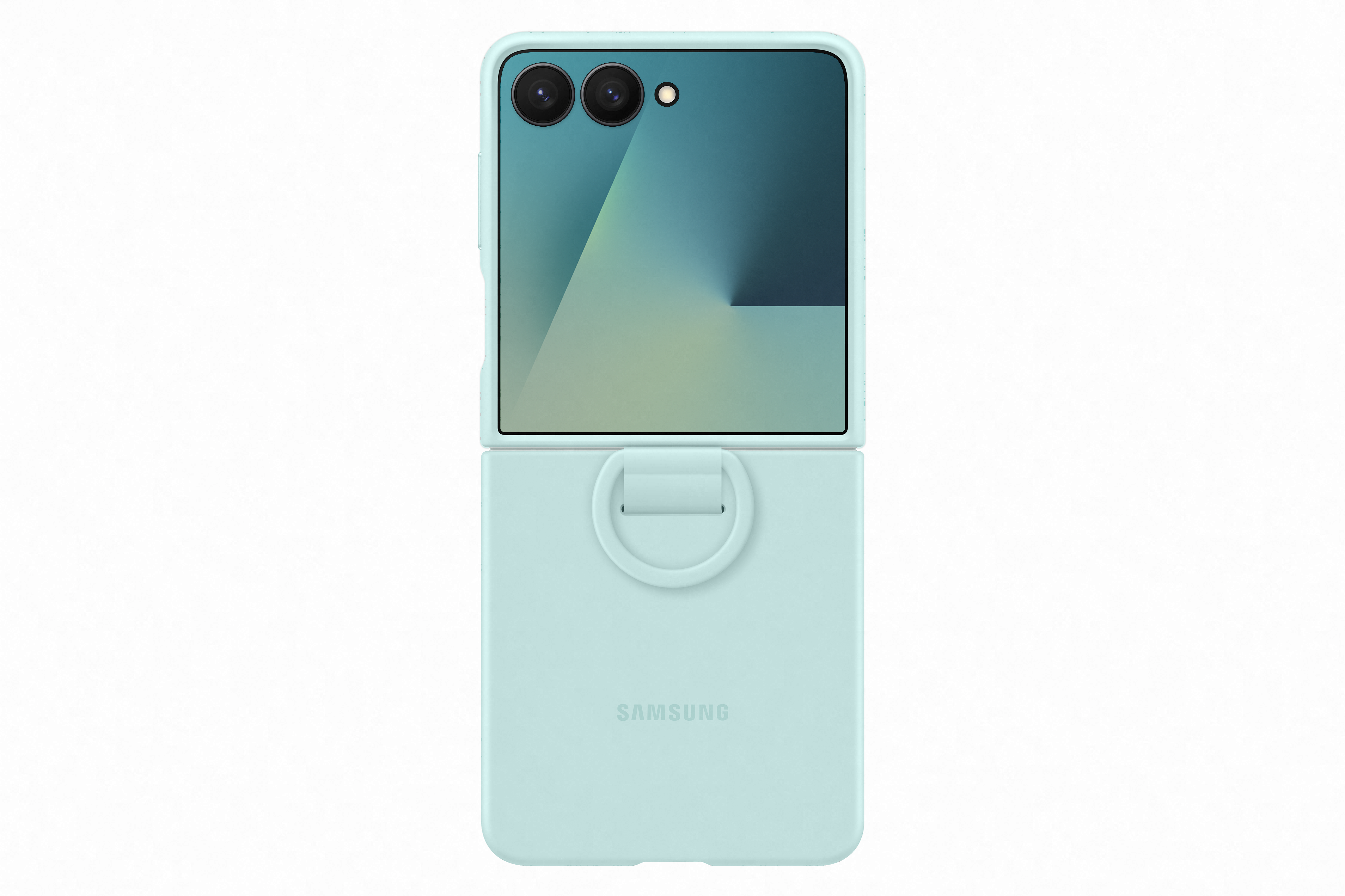 Ein hellblaues faltbares Samsung-Telefon ist geöffnet zu sehen. Die Oberseite hat zwei Kameras, die Unterseite eine Schlaufe.