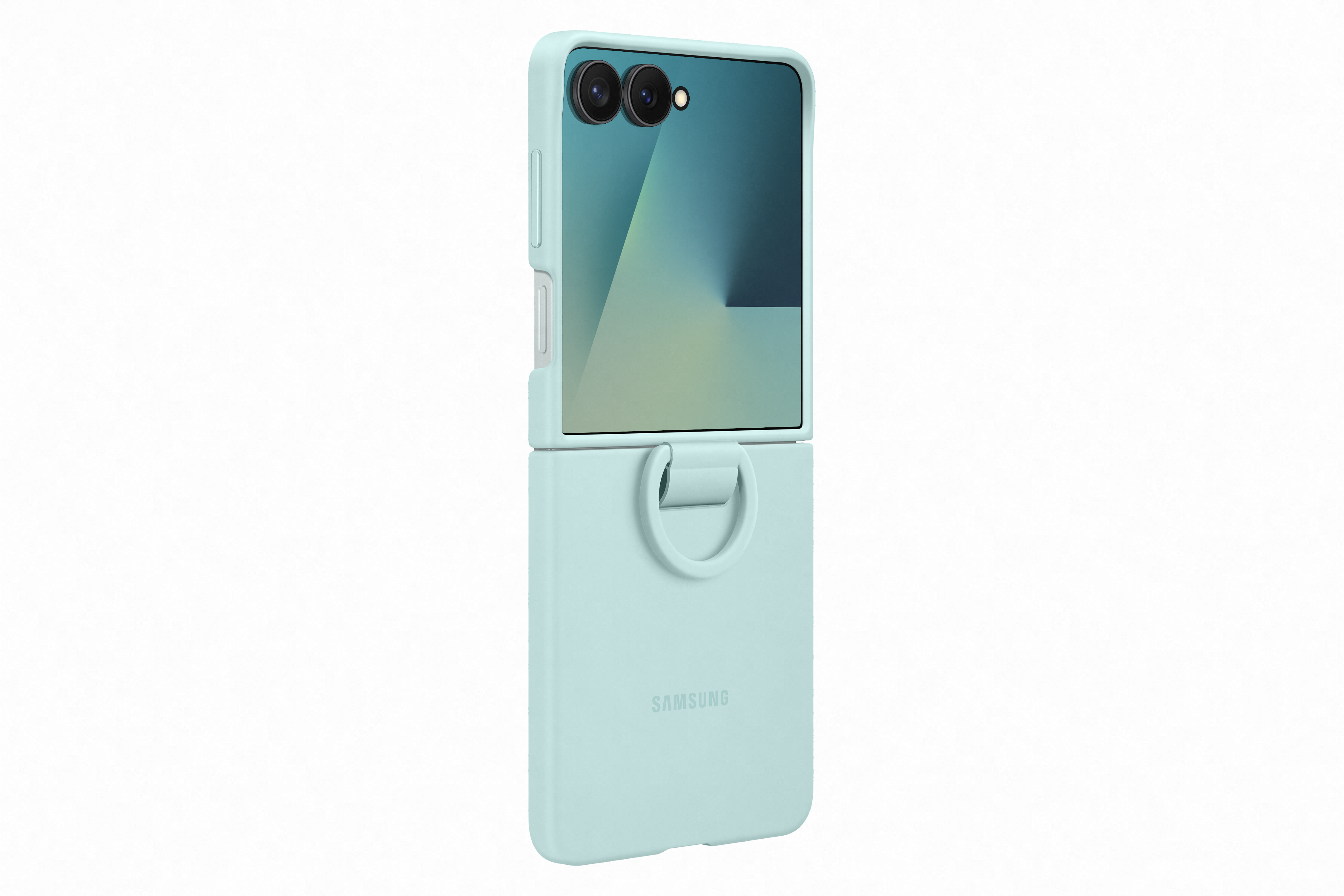 Ein hellblaues Samsung-Handy in einer Hülle, in einem Winkel geöffnet. Die Hülle hat einen Griff und der Bildschirm ist sichtbar.
