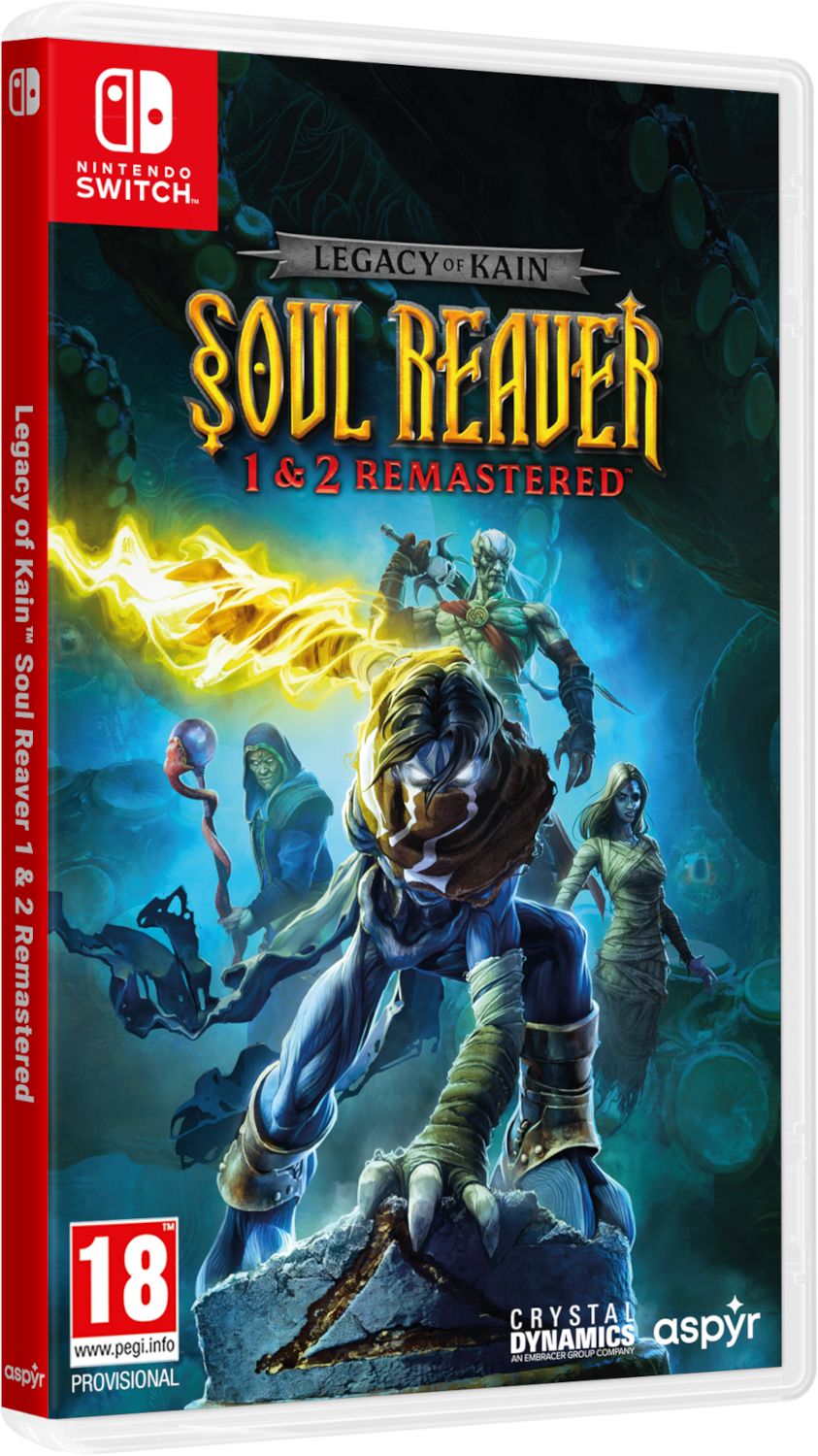 A 'Legacy of Kain: Soul Reaver 1 & 2 Remastered' játék borítója, amely több figurát ábrázol egy sötét fantasy környezetben.