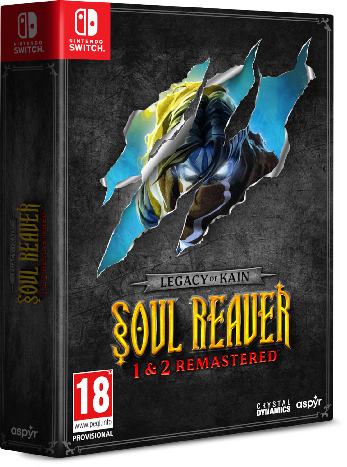 A Soul Reaver 1 & 2 Remastered Nintendo Switch játék dobozának borítója. Szakadt papír, ami egy karaktert tár fel, logókkal és besorolásokkal.