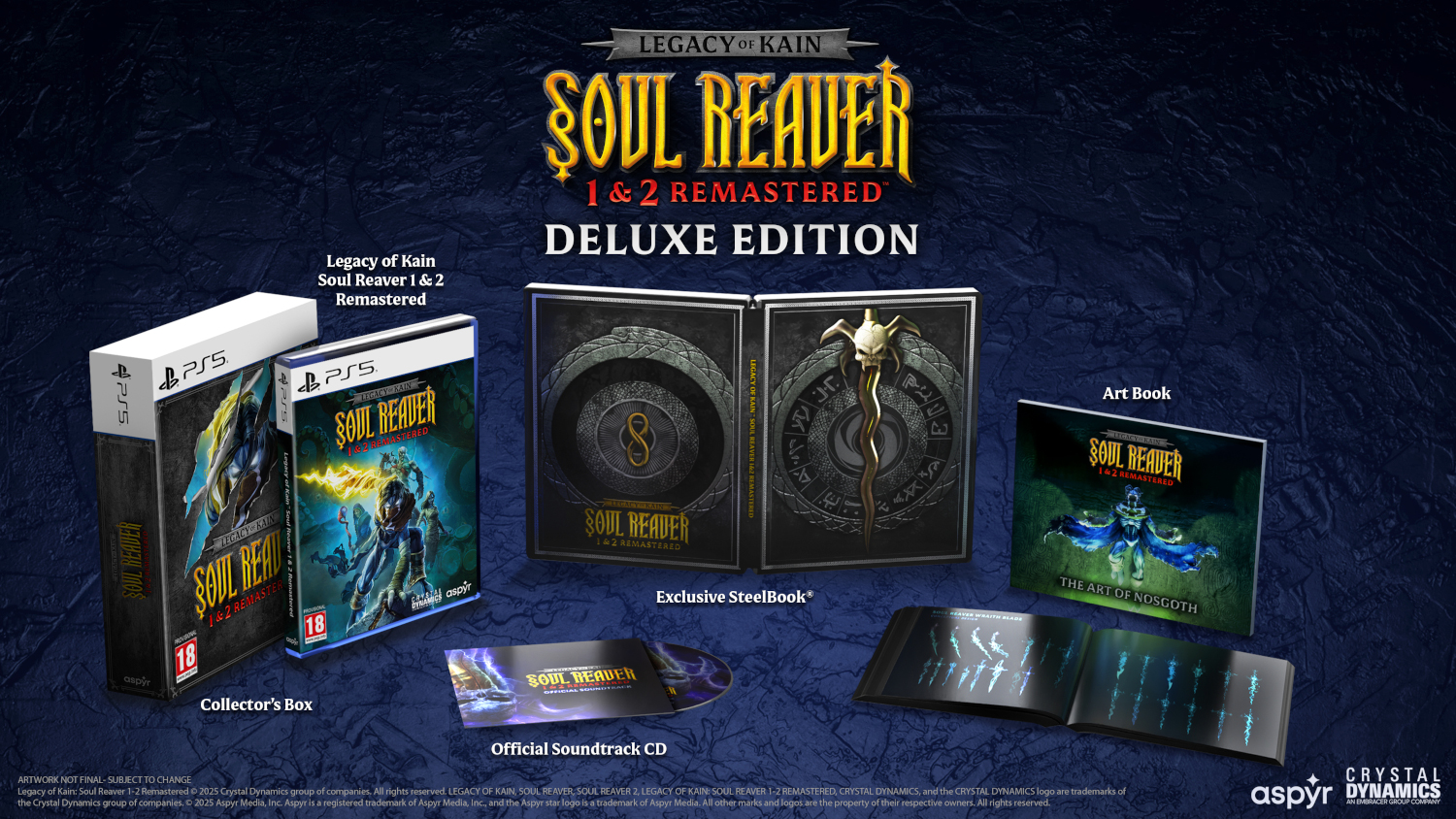 A Legacy of Kain: Soul Reaver 1 & 2 Remastered Deluxe kiadása, gyűjtői dobozzal, steelbookkal, zenével és művészeti könyvvel.