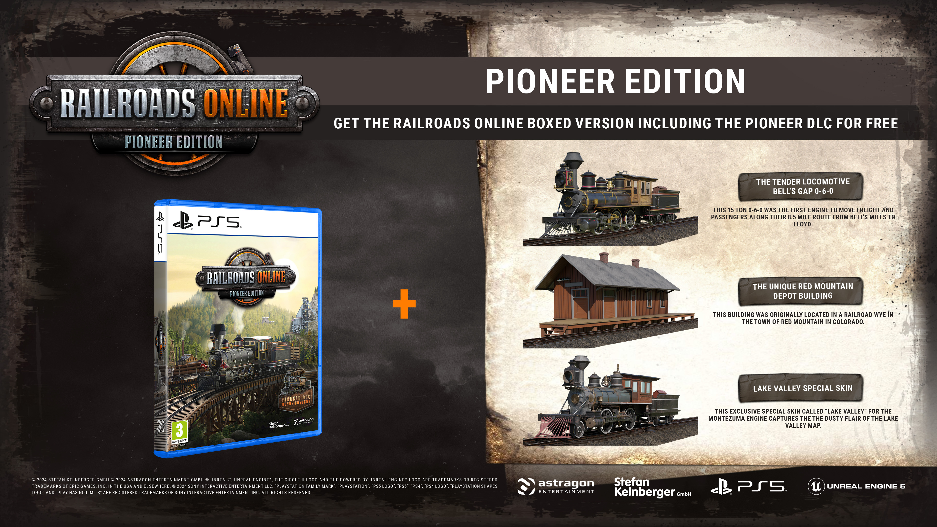 A kép a Railroads Online Pioneer Edition-t mutatja. A játék borítóját, egy mozdonyt, egy depót és egy speciális skint ábrázol.