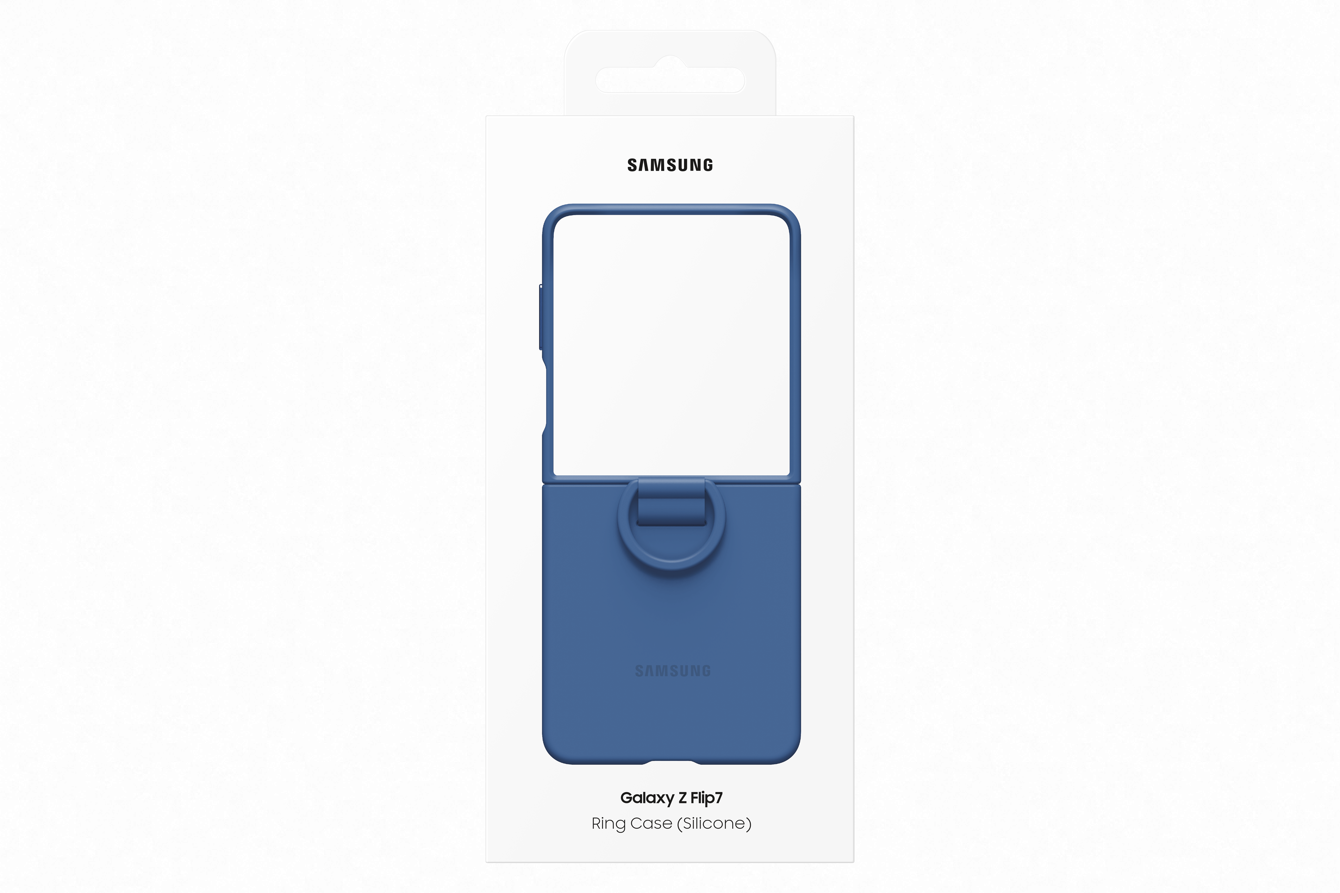 Eine blaue Samsung Galaxy Z Flip7 Ringhülle in ihrer Verpackung. Die Hülle ist sichtbar.