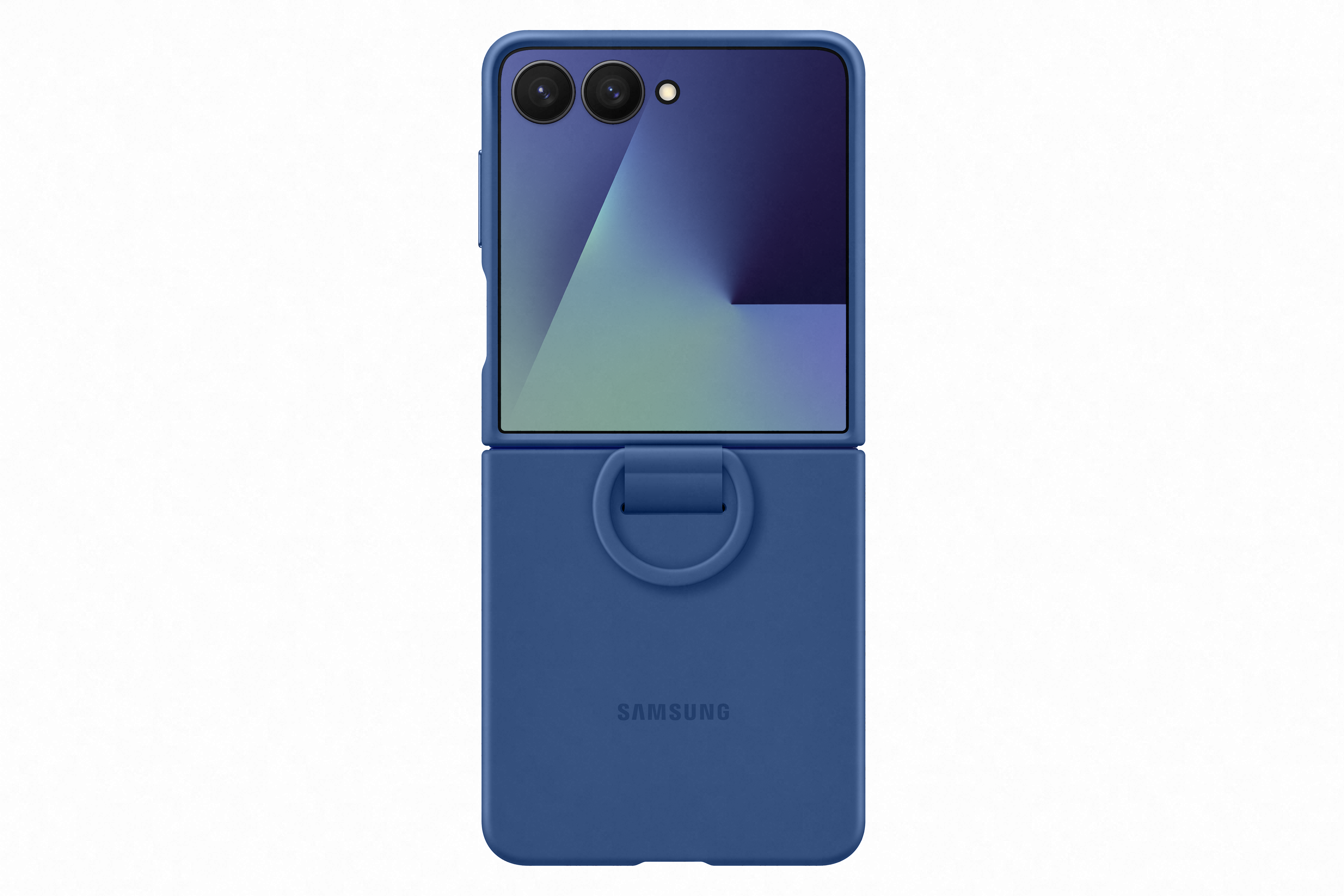 Blaue Samsung-Handyhülle, geöffnet. Oben zwei Linsen, ein Bildschirm. Unten Ring und Samsung-Logo.