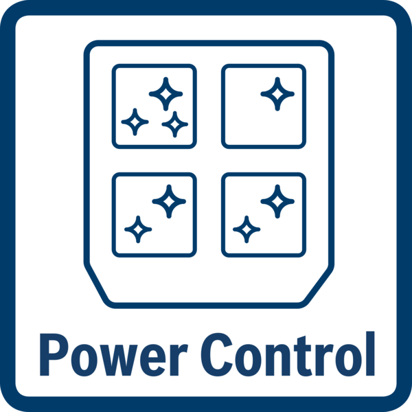Dört kare içeren beyaz bir simgeye sahip mavi bir kare, her birinde yıldız benzeri şekiller bulunur. Altında 'Power Control' yazmaktadır.