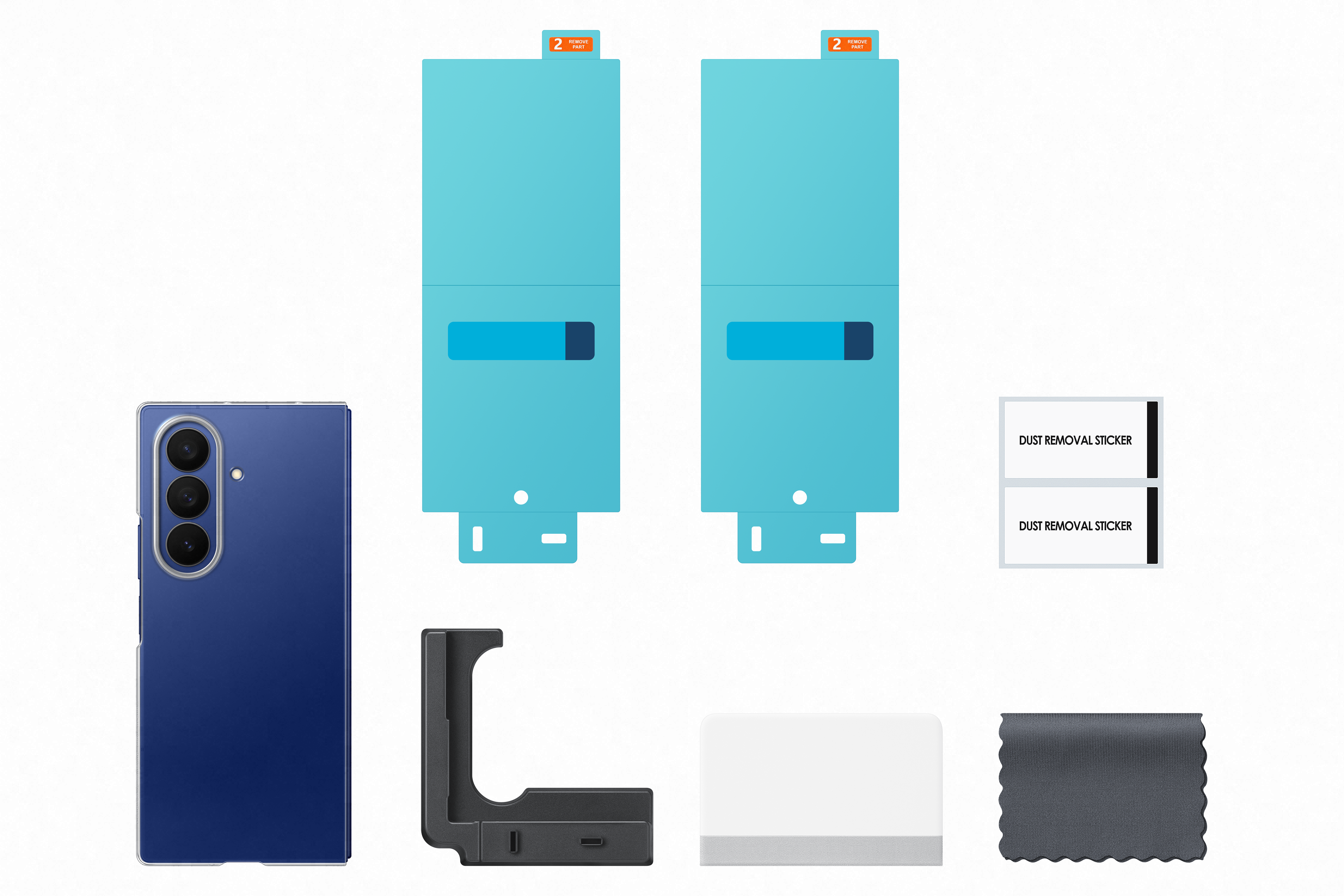 Ein blaues Smartphone, Displayschutzfolien, Staubaufkleber, Reinigungswerkzeuge und eine Ladestation auf weißem Grund.