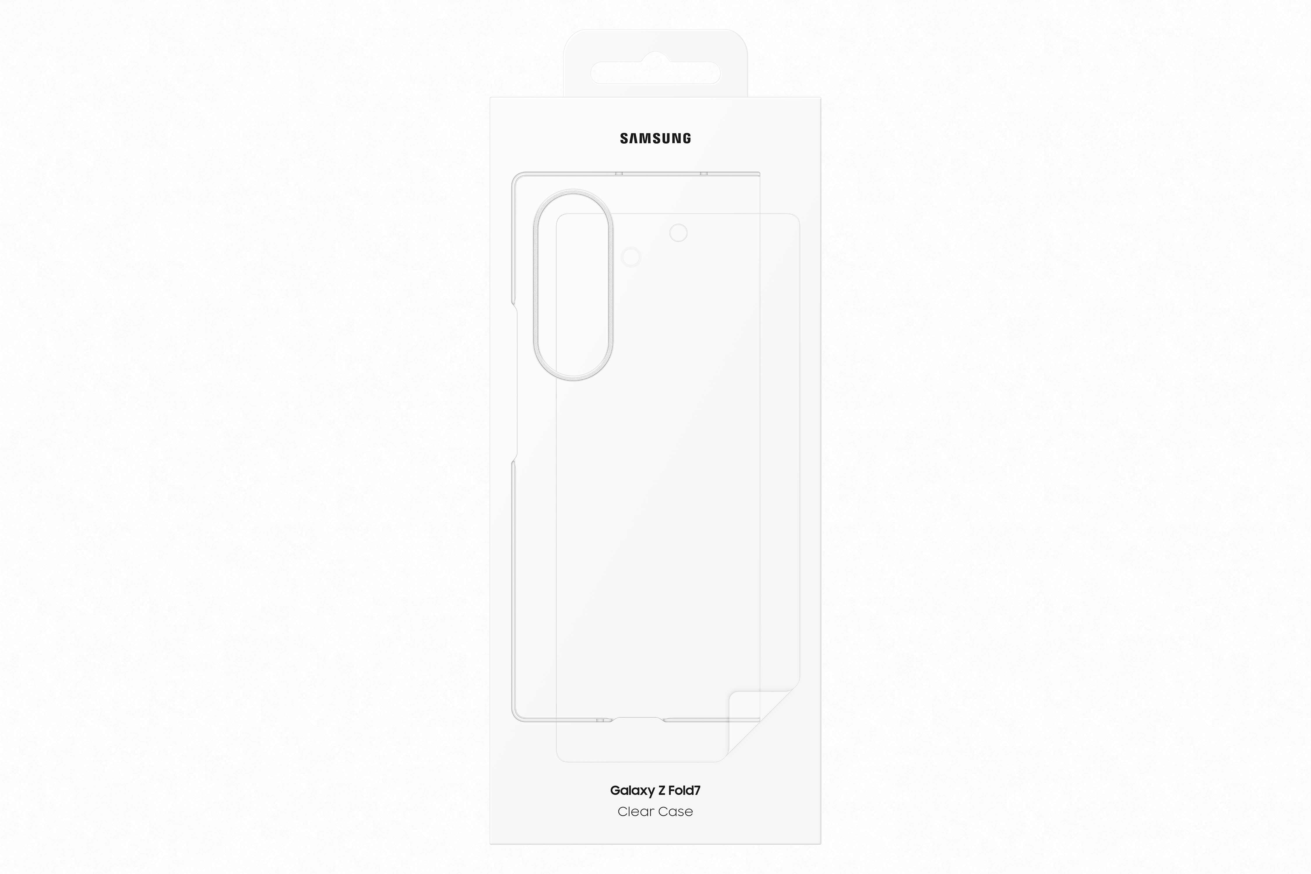 Eine weiße Schachtel mit Umrissen einer Handyhülle. Das Samsung-Logo befindet sich oben, unten steht 'Galaxy Z Fold7 Clear Case'.