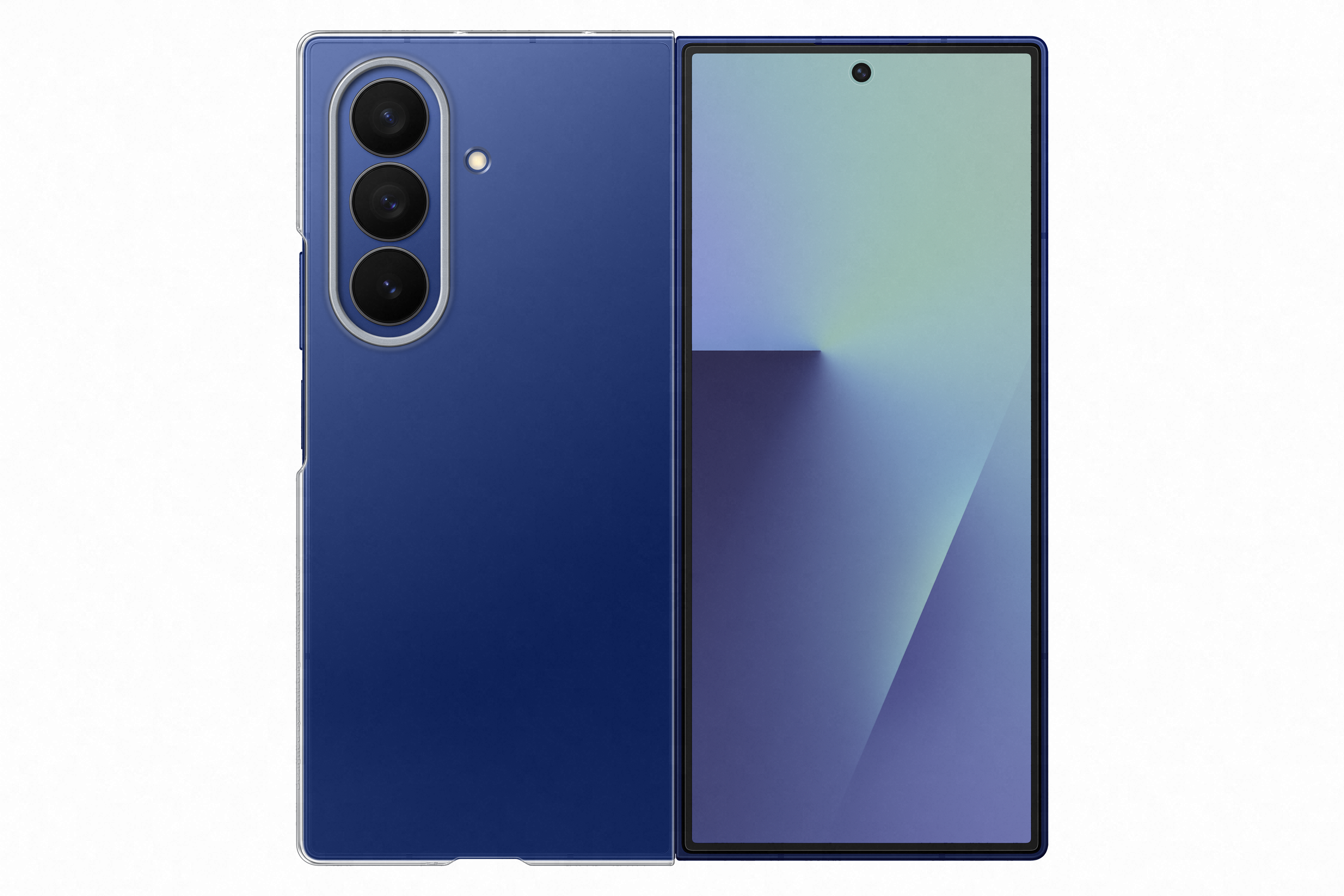 Ein blaues faltbares Smartphone. Die geschlossene Seite hat Kameras. Der Bildschirm ist hellblau und lila.