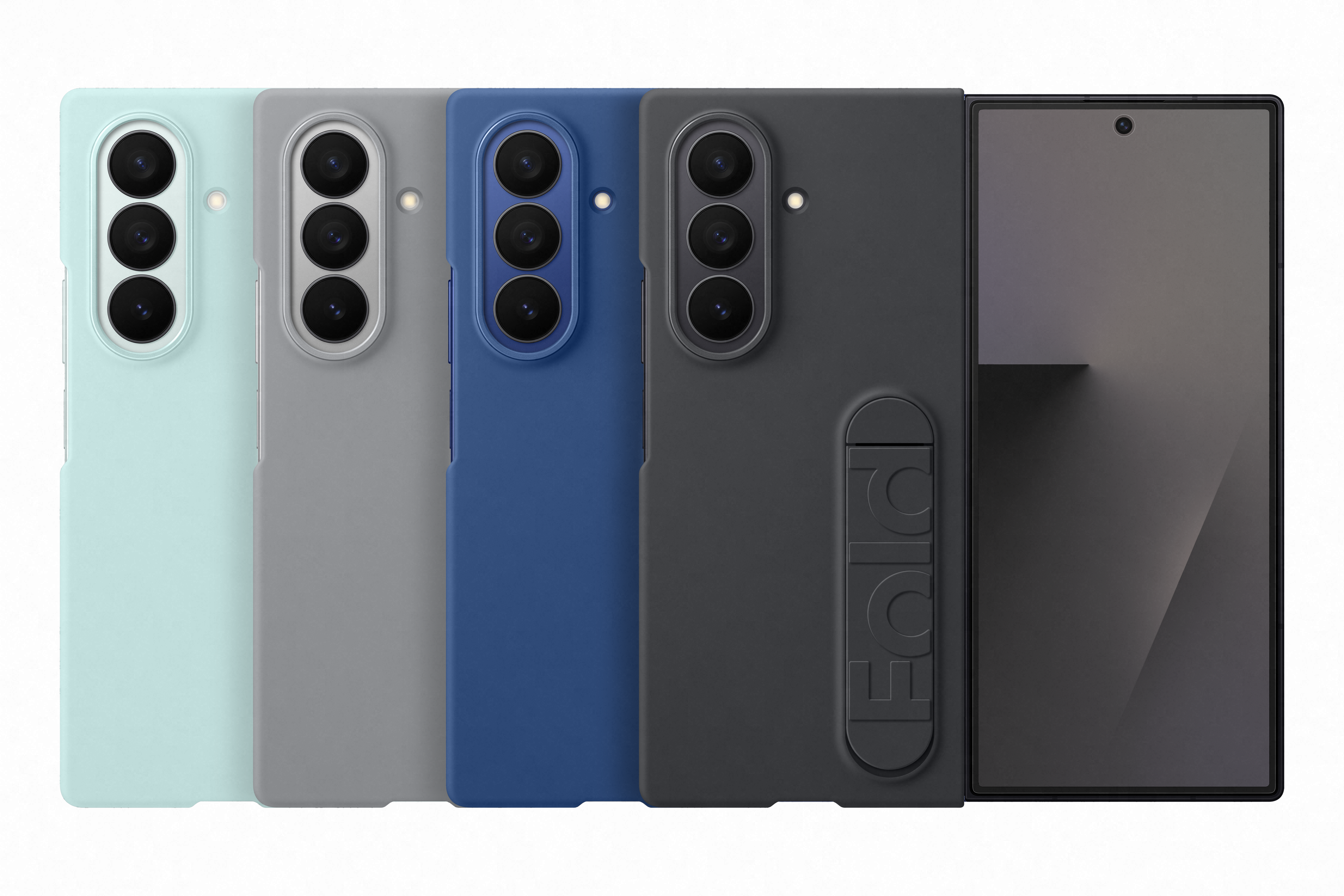 Das Bild zeigt vier Telefonhüllen in verschiedenen Farben, mit einem Telefon auf der rechten Seite. Jede Hülle hat Kameralinsen.