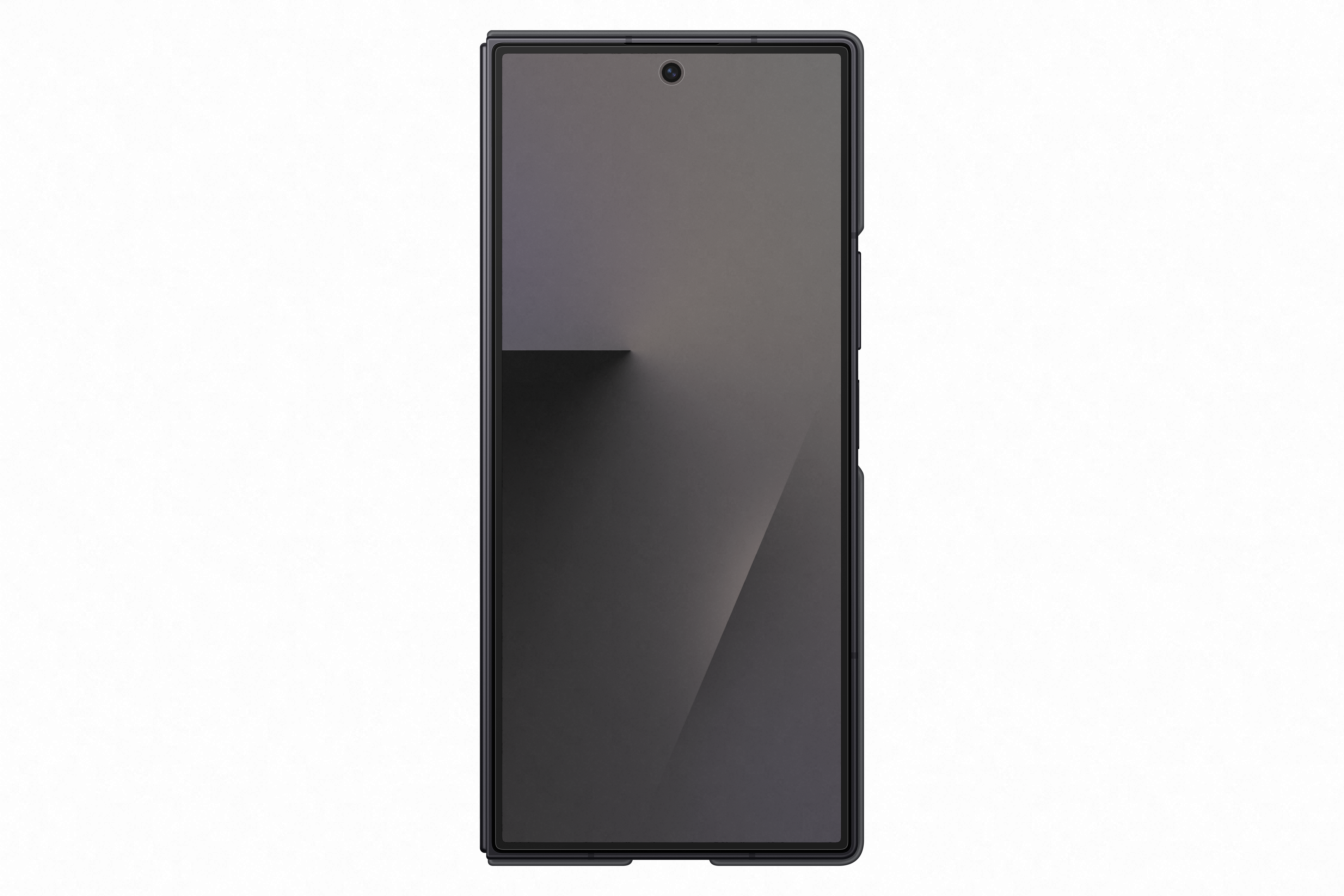 Ein Smartphone mit dunklem Bildschirm, Frontkamera, in schwarzem Gehäuse. Weißer Hintergrund.