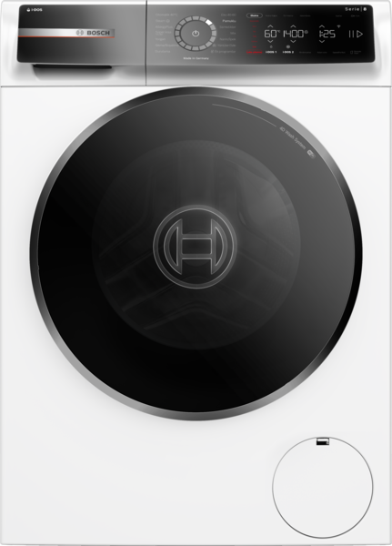 Beyaz Bosch çamaşır makinesi. Siyah kapı, ekranlı kontrol paneli ve Bosch logosu bulunur.