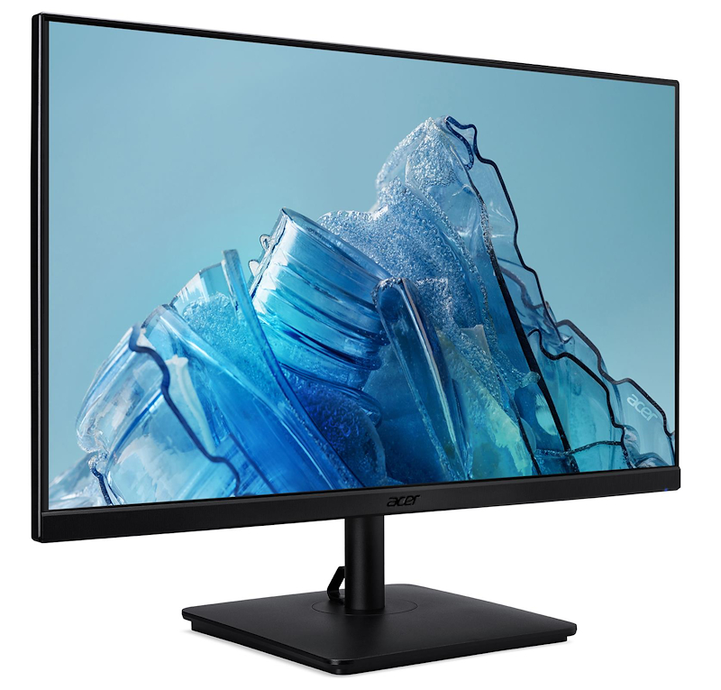 Un monitor Acer. La pantalla muestra una imagen abstracta azul. Está sobre un soporte negro. El logotipo de Acer es visible.