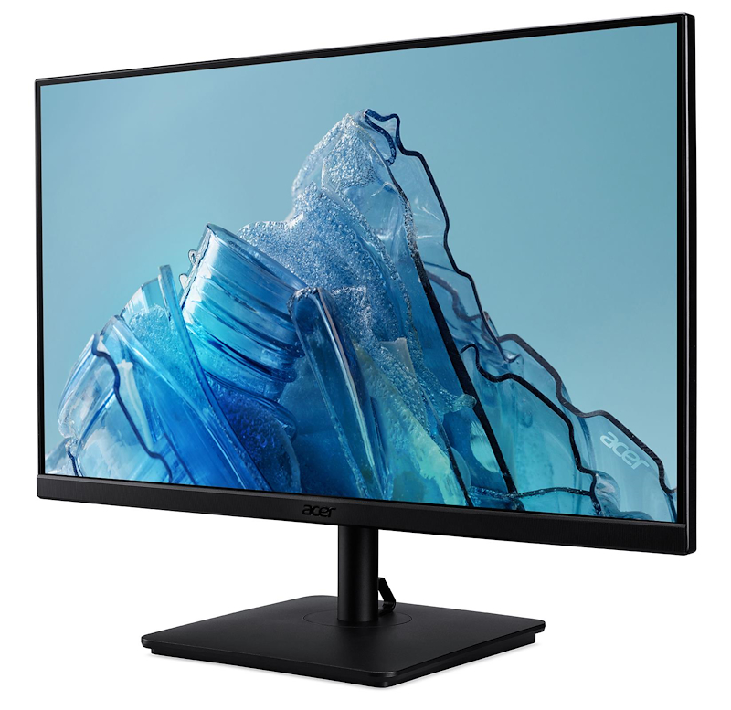 El monitor Acer negro muestra una imagen abstracta azul. El monitor está sobre un soporte negro sobre un fondo blanco.