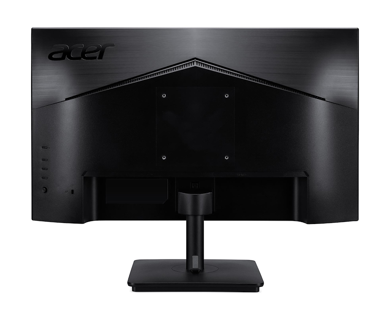 Vista trasera del monitor Acer negro. El monitor está sobre un soporte. Logotipo de Acer en la parte superior. El monitor está sobre fondo blanco.
