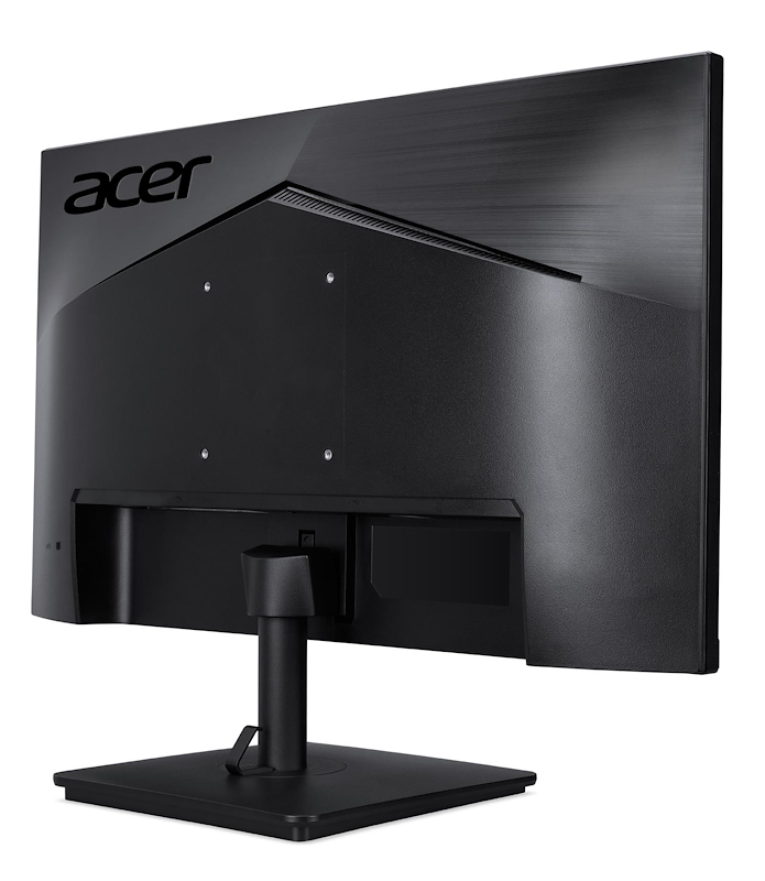 Monitor Acer negro. La vista trasera muestra el soporte, el logotipo de Acer y el panel trasero del monitor.