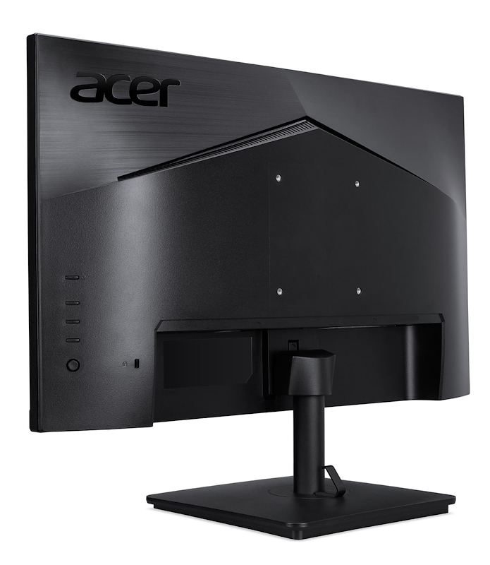Monitor Acer negro inclinado hacia atrás. Tiene un soporte y una base cuadrada. La parte trasera tiene puertos y botones.