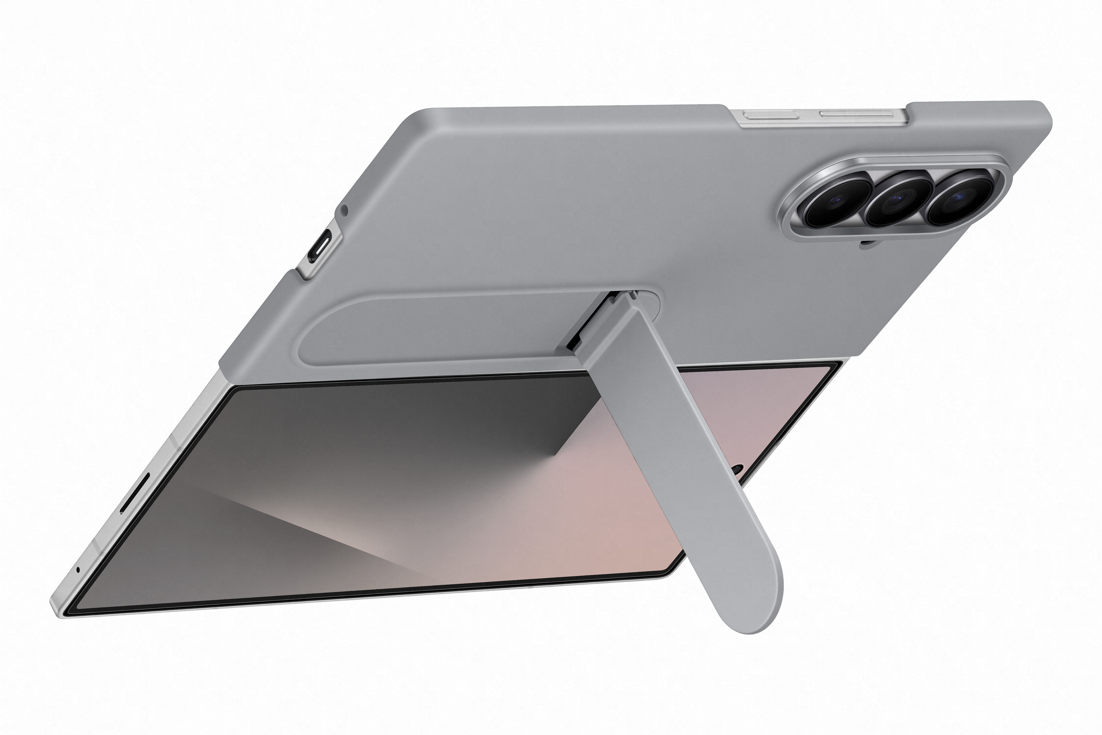 Ein graues Tablet mit Ständer wird in einem Winkel gezeigt. Es hat drei Kameralinsen und einen Bildschirm.