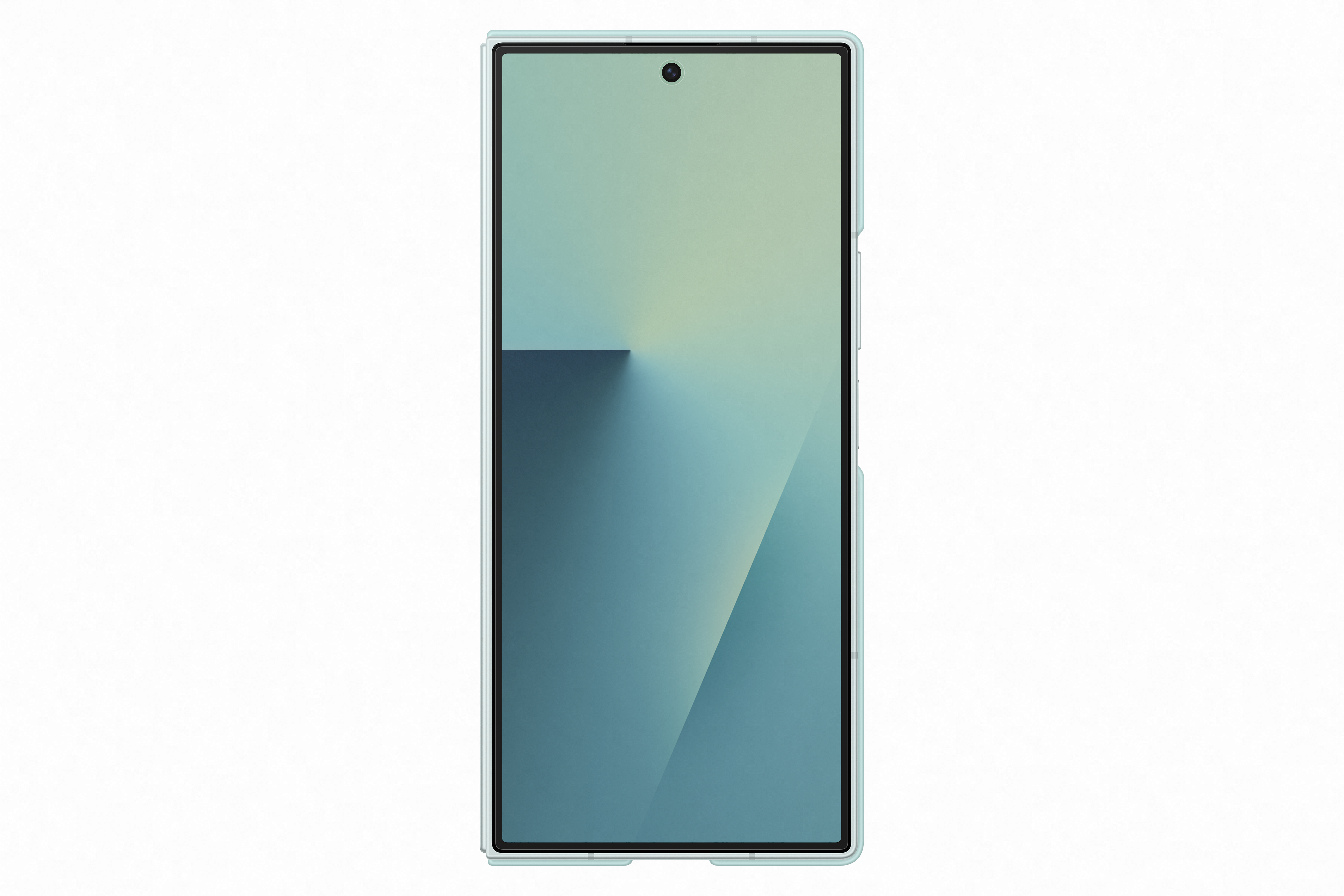 Ein Smartphone mit einem Bildschirm in Farbverlauf-Türkis. Das Telefon hat eine helltürkise Hülle. Der Hintergrund ist weiß.