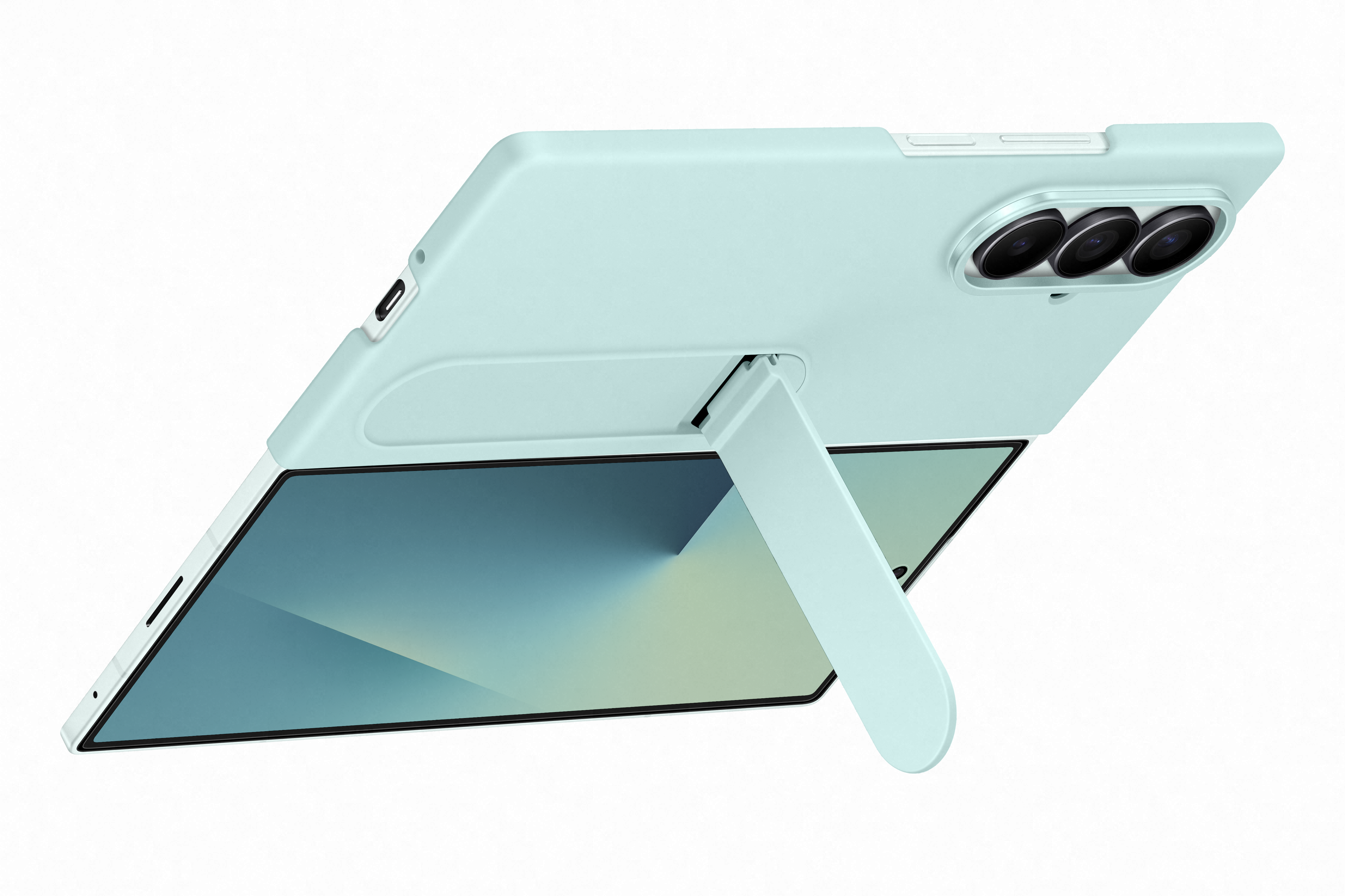 Eine hellblaue Handyhülle mit Ständer, die ein Telefon stützt. Das Telefon hat drei Kameralinsen.