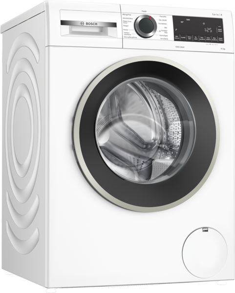 Siyah kapılı beyaz bir Bosch çamaşır makinesi. Dijital bir ekrana ve çoklu kontrol düğmelerine sahiptir. Model Seri 4'tür.