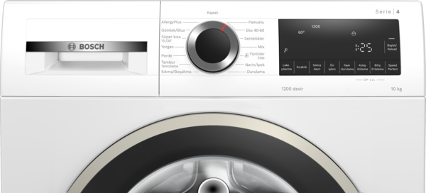 Beyaz bir Bosch çamaşır makinesi kontrol paneli. Kadran, ekran ve Türkçe metinli düğmeler.