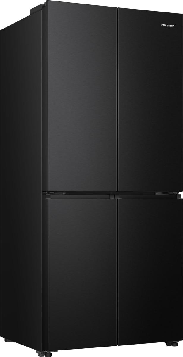 Ein schwarzer Hisense-Kühlschrank mit vier Türen, zwei oben und zwei unten. Es hat eine gebürstete Metalloberfläche.