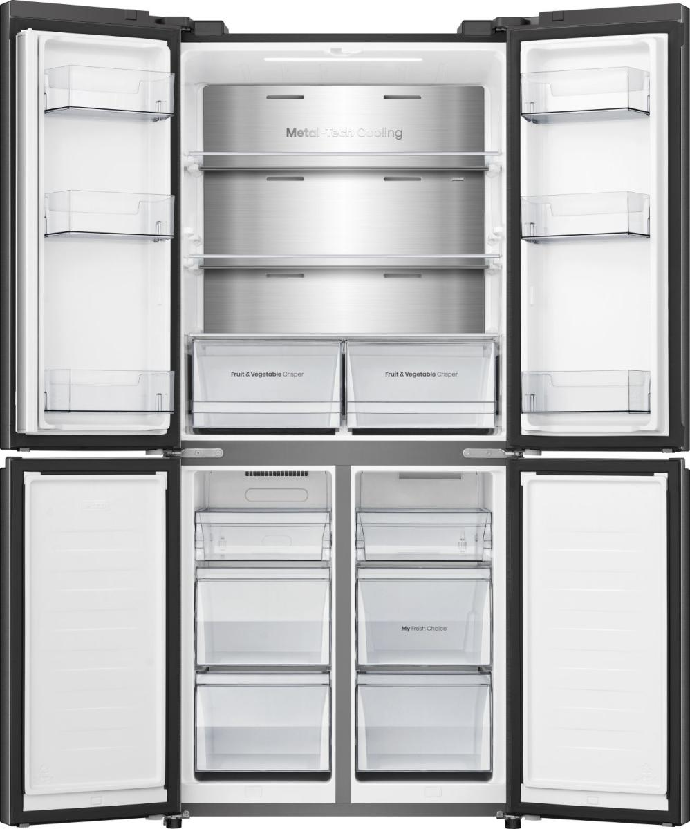 Offener Kühlschrank. Metal-Tech Cooling, Gemüsefächer und My Fresh Choice Schubladen sind sichtbar.