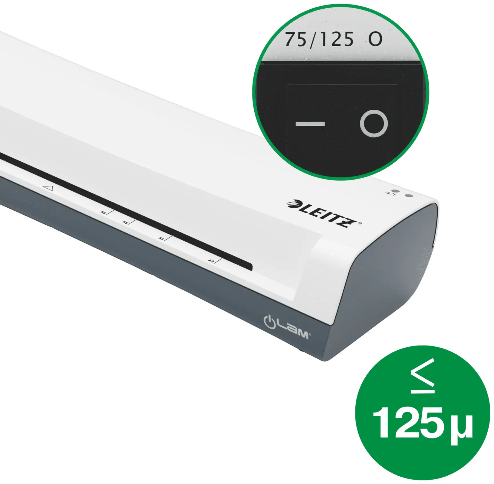 Egy fehér és szürke Leitz laminálógép. Van rajta egy bekapcsológomb, és egy zöld kör 125µ felirattal. A be/ki beállítások ki vannak emelve.