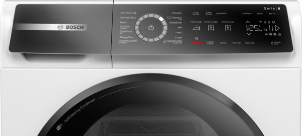 Beyaz bir Bosch kurutma makinesi. Düğmeleri olan bir kontrol paneli ve zamanı gösteren dijital bir ekranı var. Kapı siyahtır.