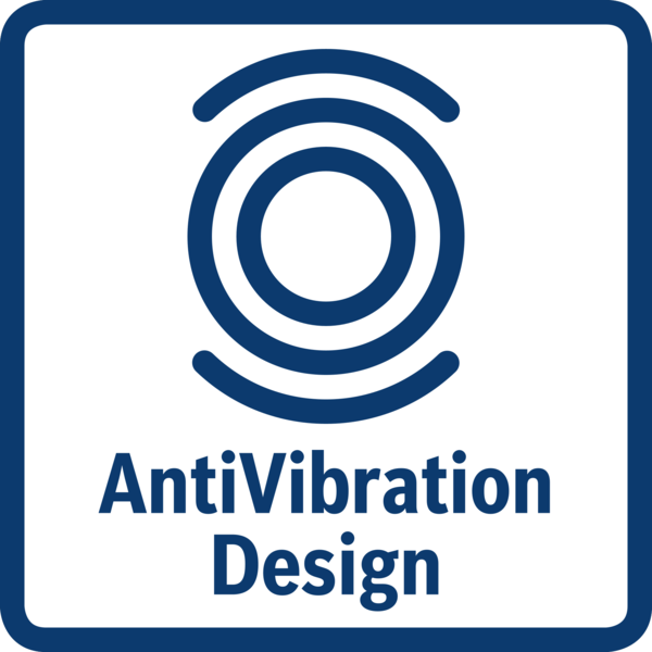 Mavi eşmerkezli yaylar ve iç içe bir daire bulunan logo, beyaz zemin üzerinde mavi 'AntiVibration Design' metni.