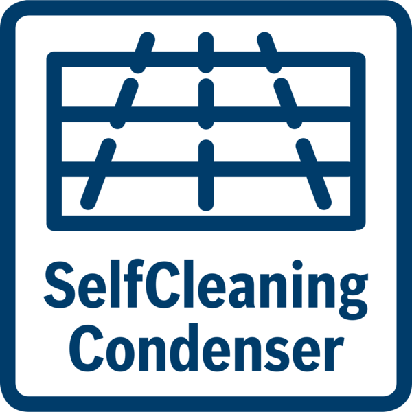 Beyaz kenarlı mavi bir kare. İçinde bir grafik ve mavi renkte 'SelfCleaning Condenser' kelimeleri var.